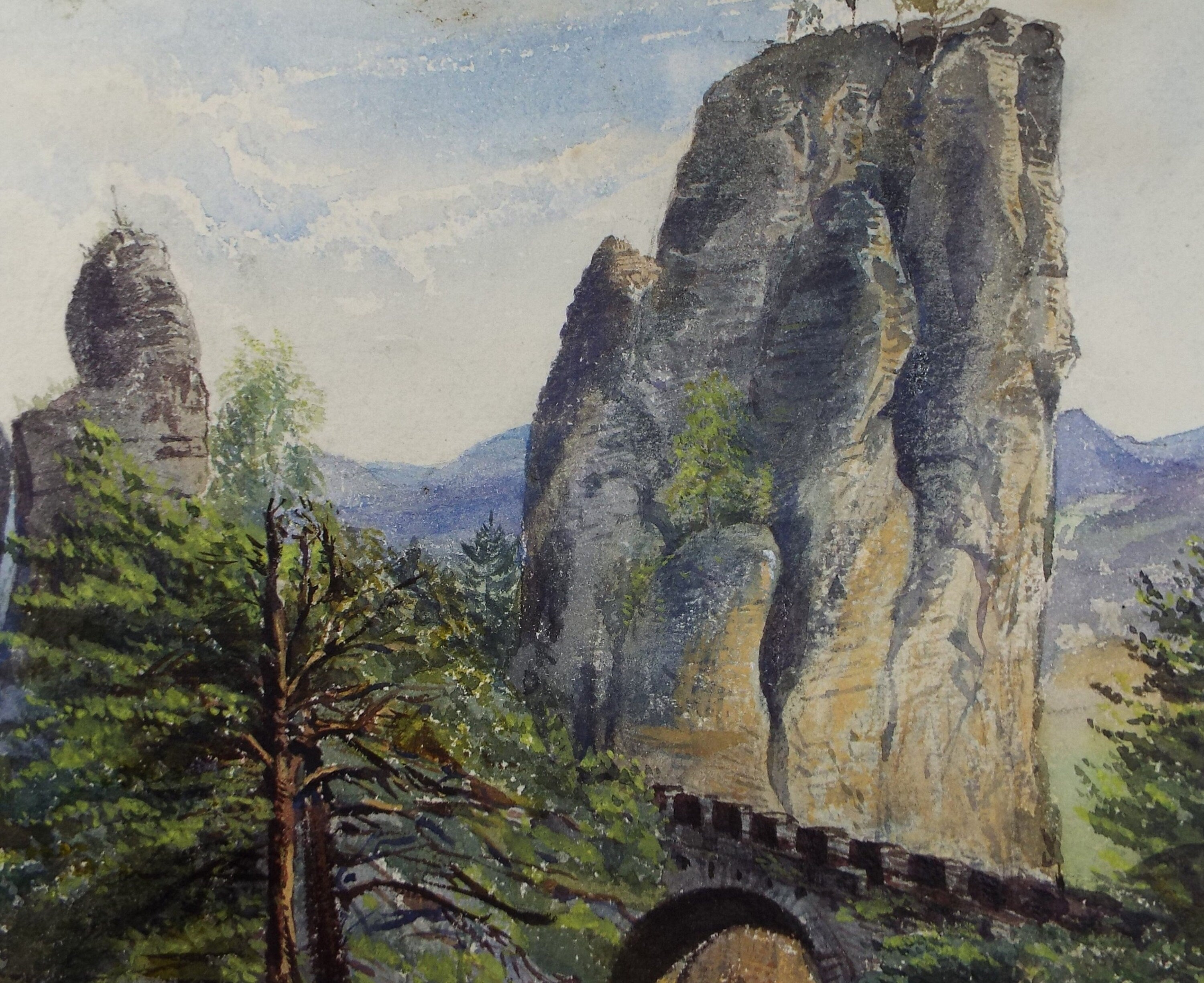 Original Watercolour, 'Bridge at a Mountain Pass', Circa 1890. Artist Unknown