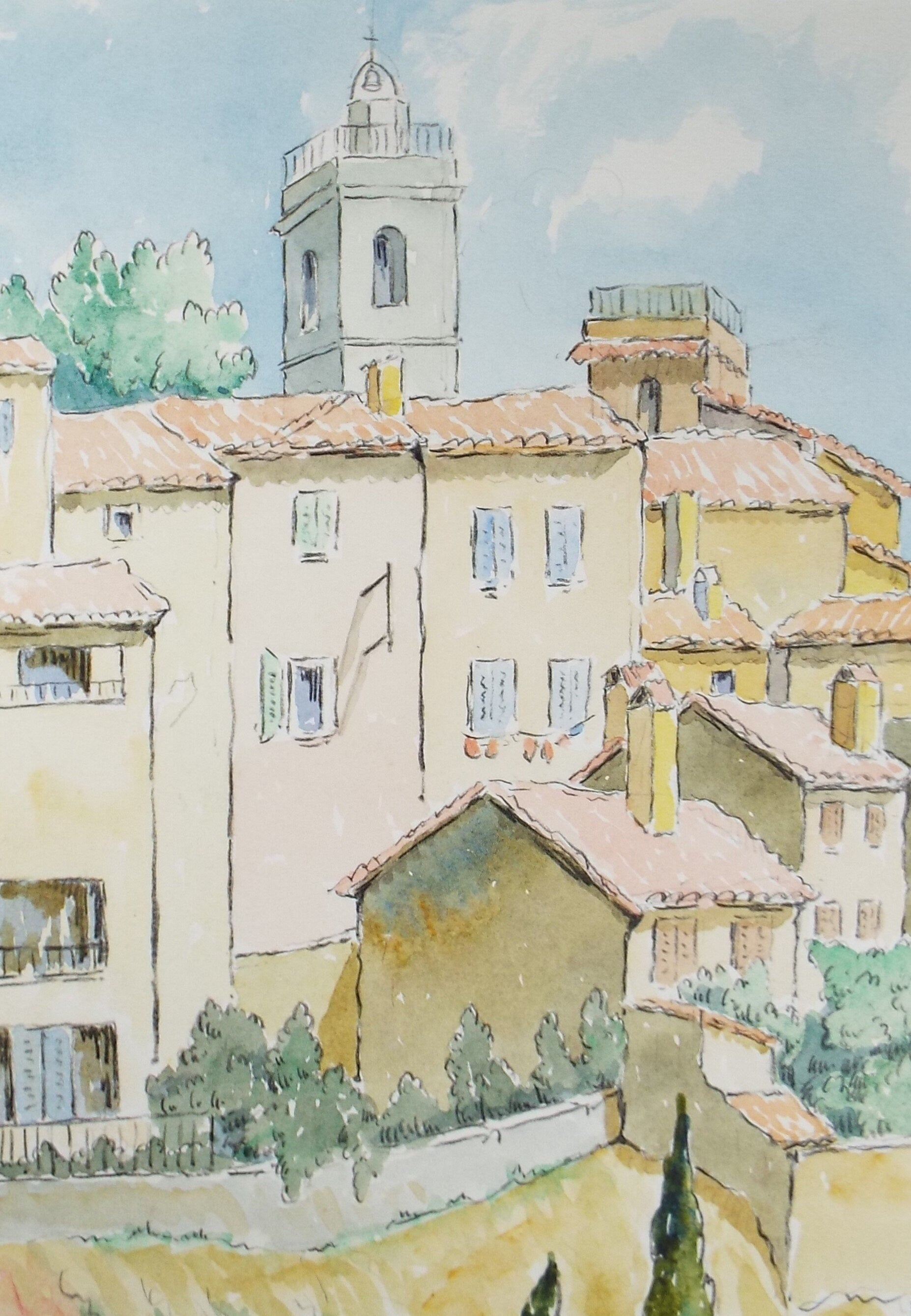 Original Watercolour & ink, 'Mougins', Cicely Glyn de Beers (1891-1973), Dated 1964