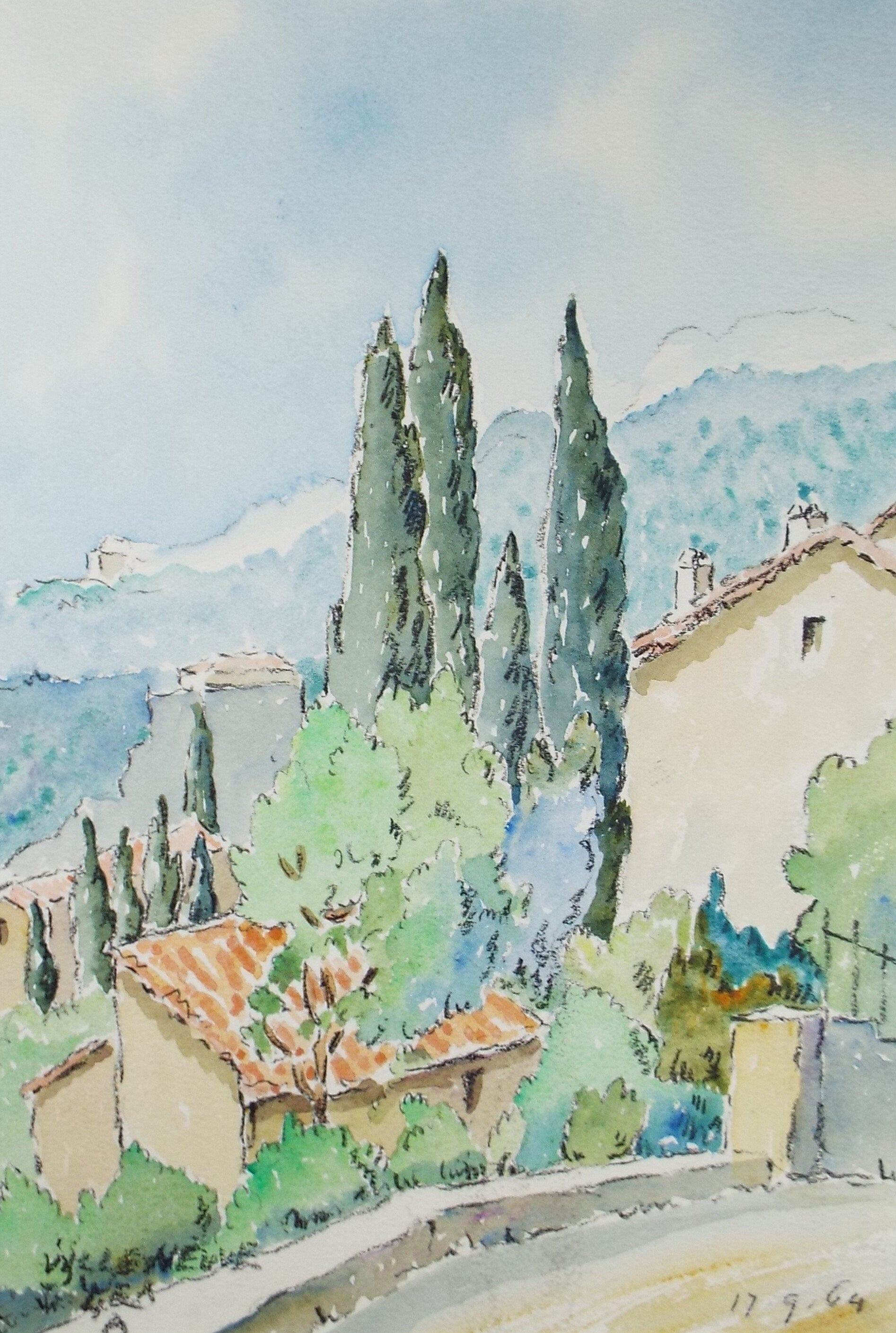 Original Watercolour & ink, 'Villeneuve', Cicely Glyn de Beers (1891-1973), Dated 1964
