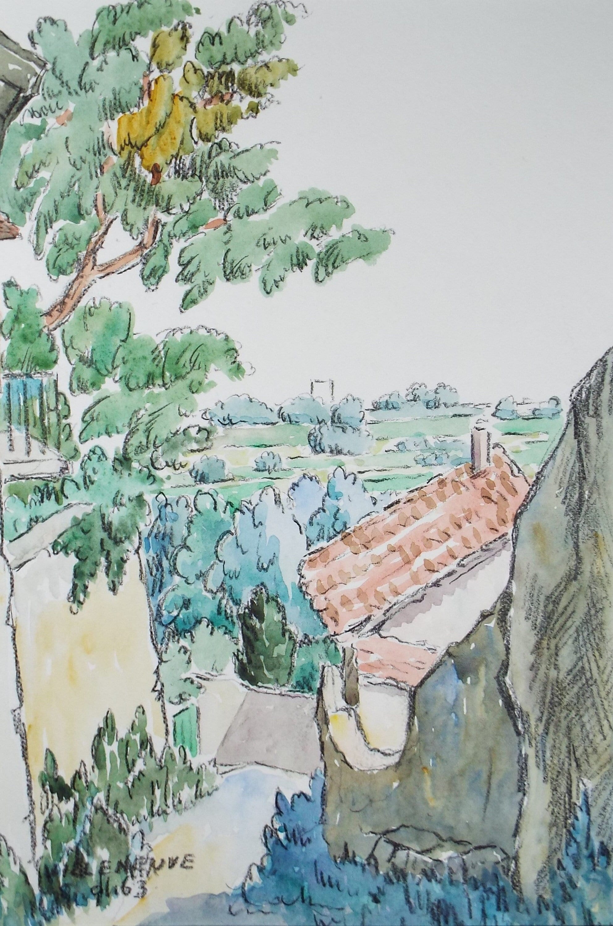 Original Watercolour & ink, 'Villeneuve', Cicely Glyn de Beers (1891-1973), Dated 1964
