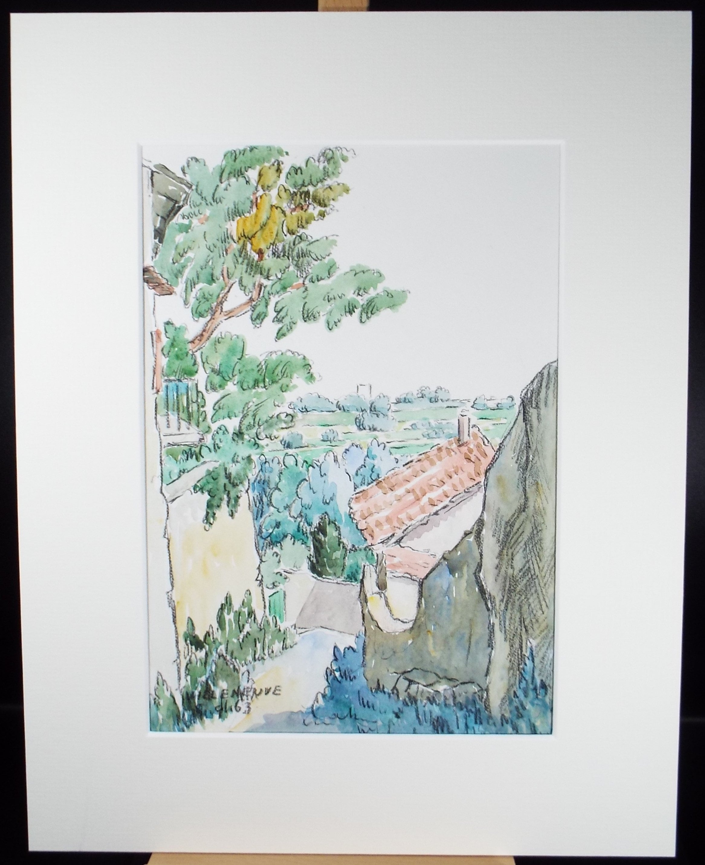 Original Watercolour & ink, 'Villeneuve', Cicely Glyn de Beers (1891-1973), Dated 1964