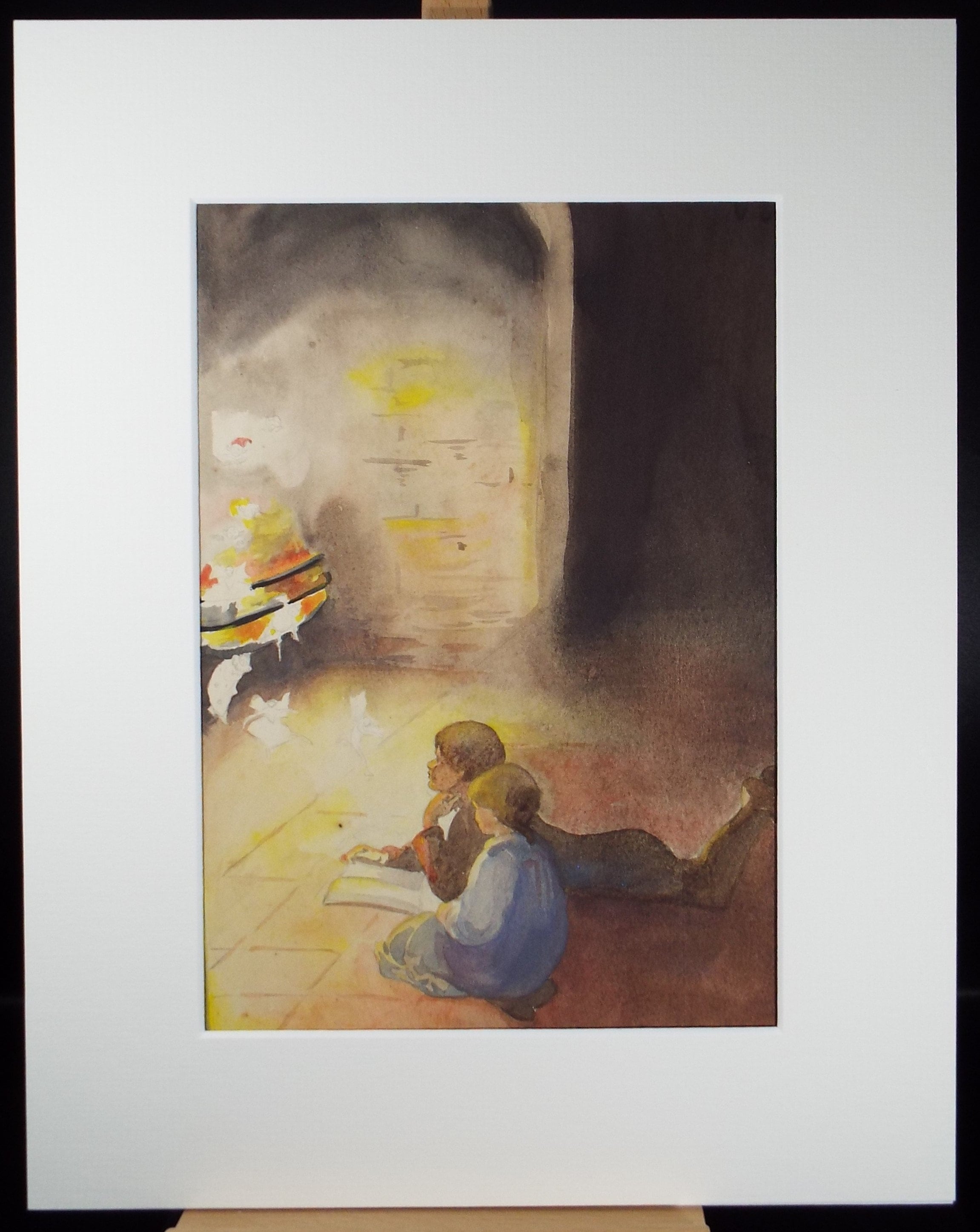 Original Watercolour on Paper, 'Children at the Fireside ', Lucie Cole-Hamilton (20th Century, British), circa 1915