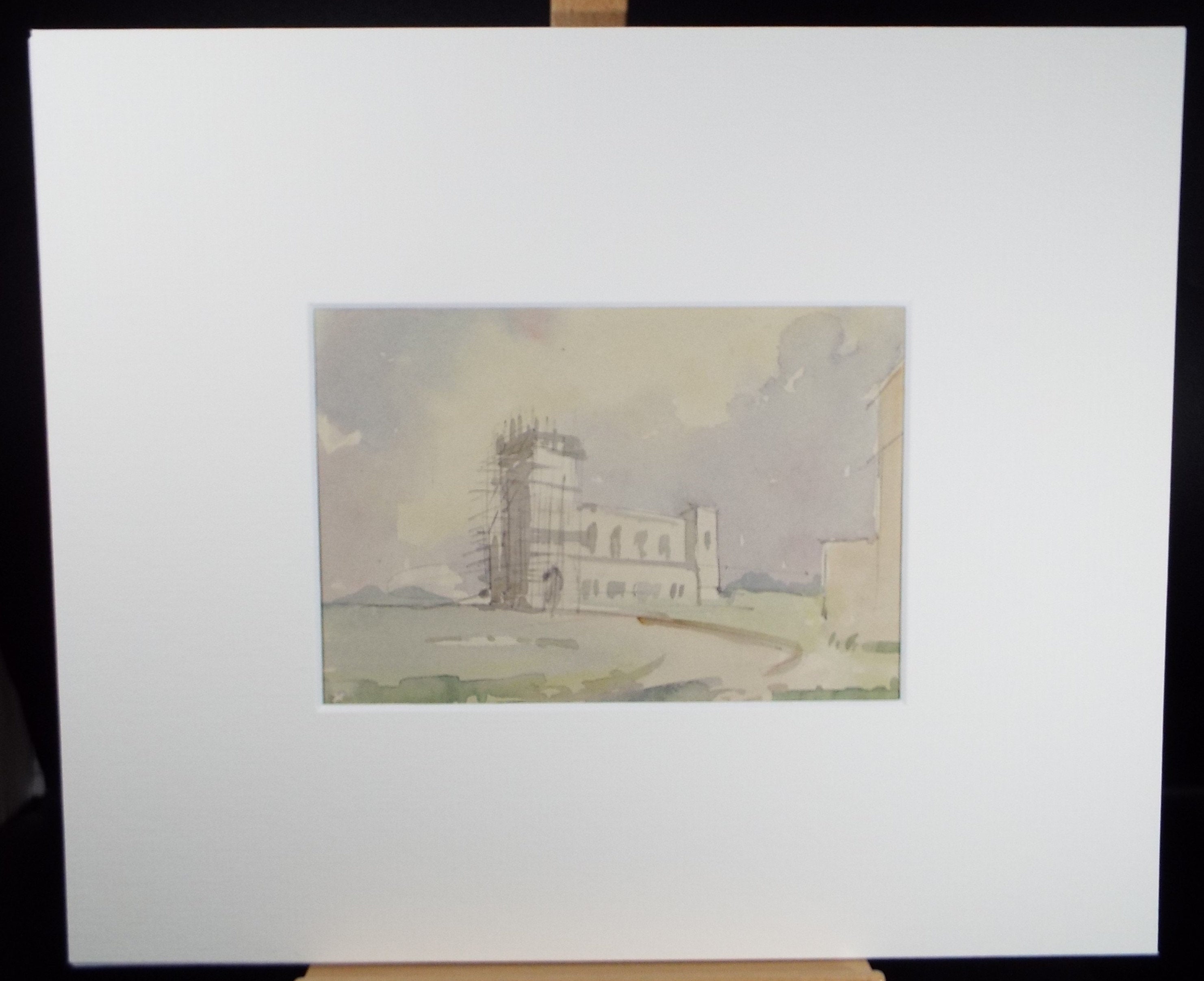 Original Watercolour & ink drawing, 'Church undergoing repair', Hugh McKenzie (1909-2005), Mid 20th Century