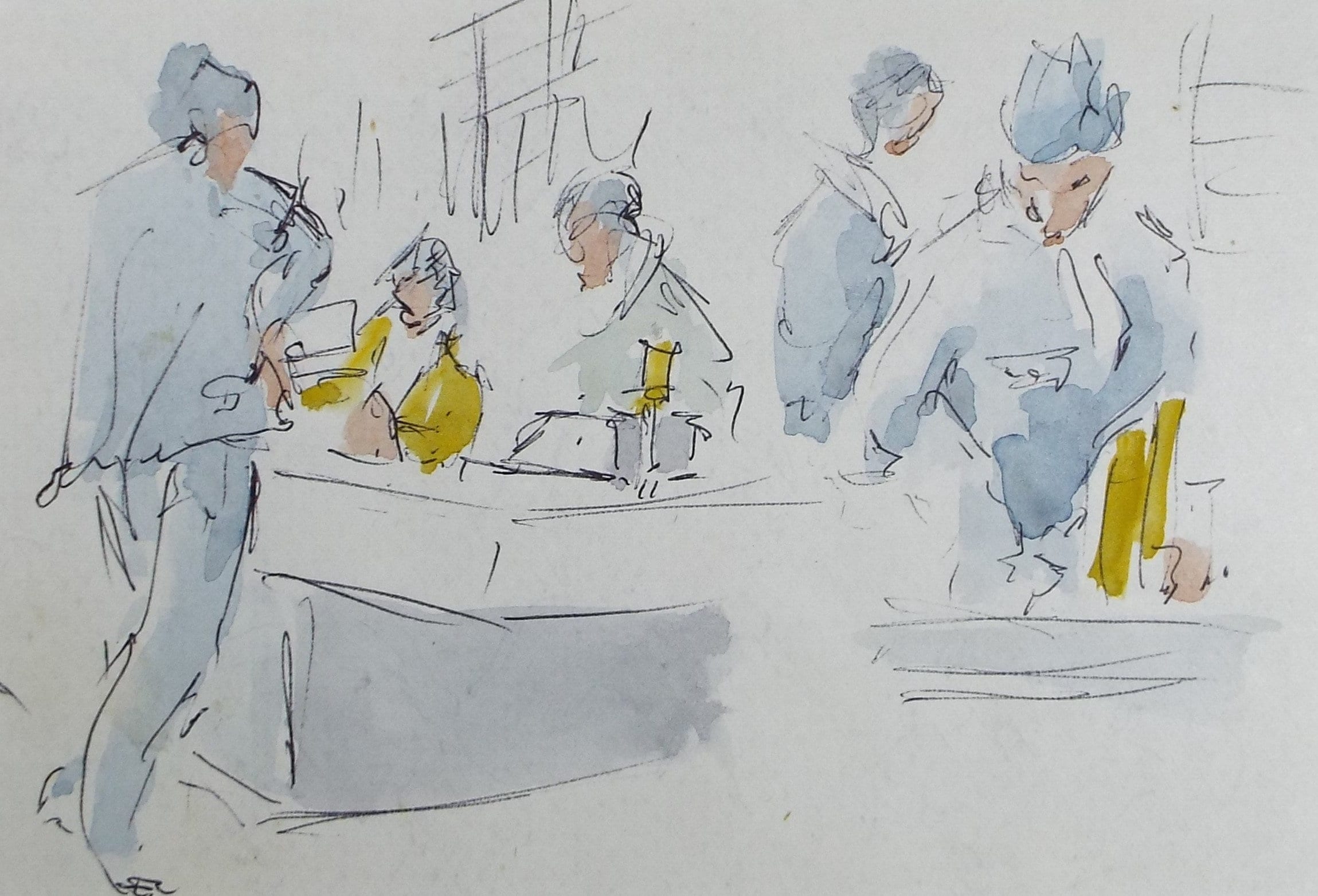 Original Watercolour & ink drawing, 'Hospital Figures', Hugh McKenzie (1909-2005), Mid 20th Century