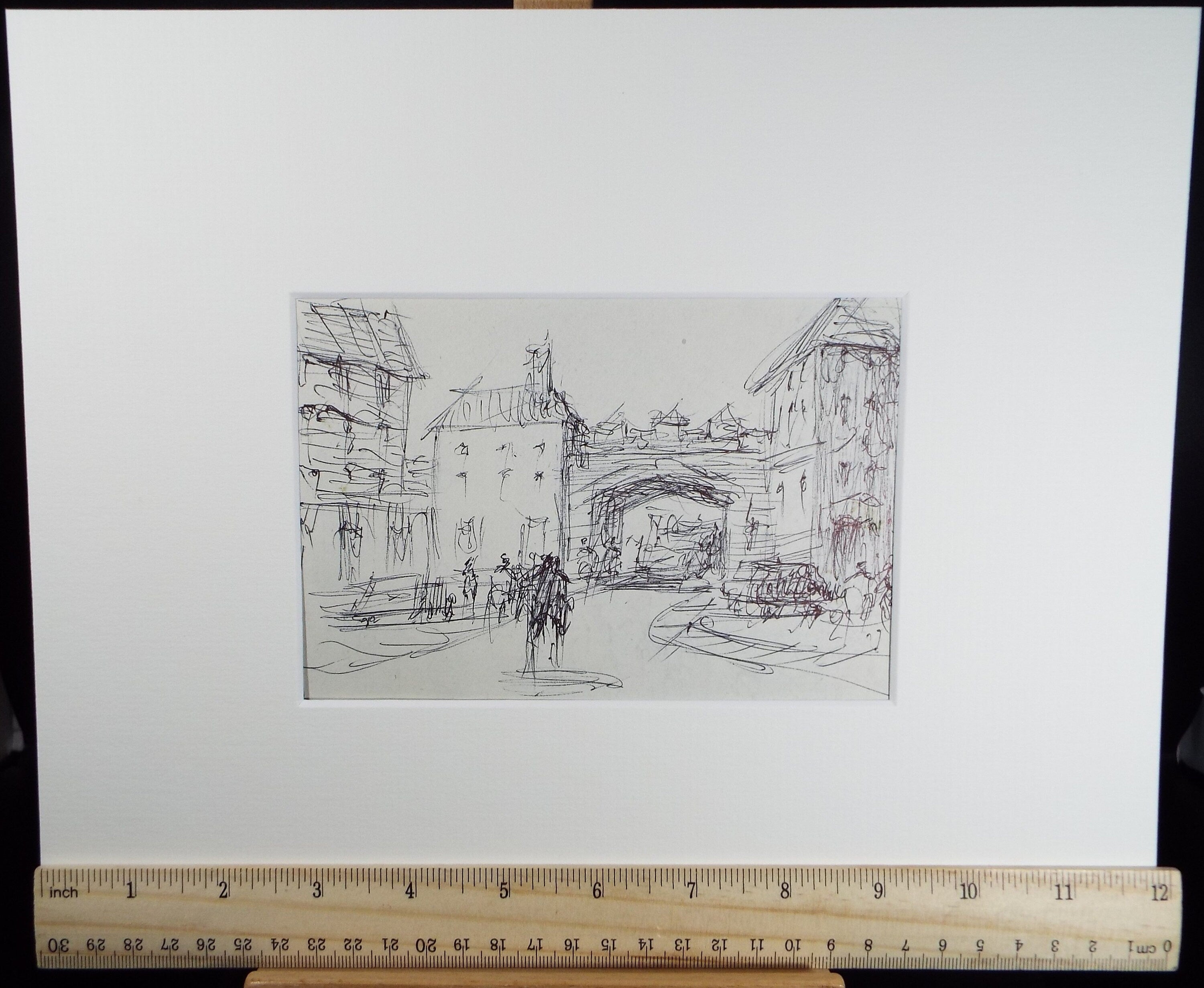 Original Pen & Ink drawing, 'Street with Figures', Hugh McKenzie (1909-2005), Mid 20th Century