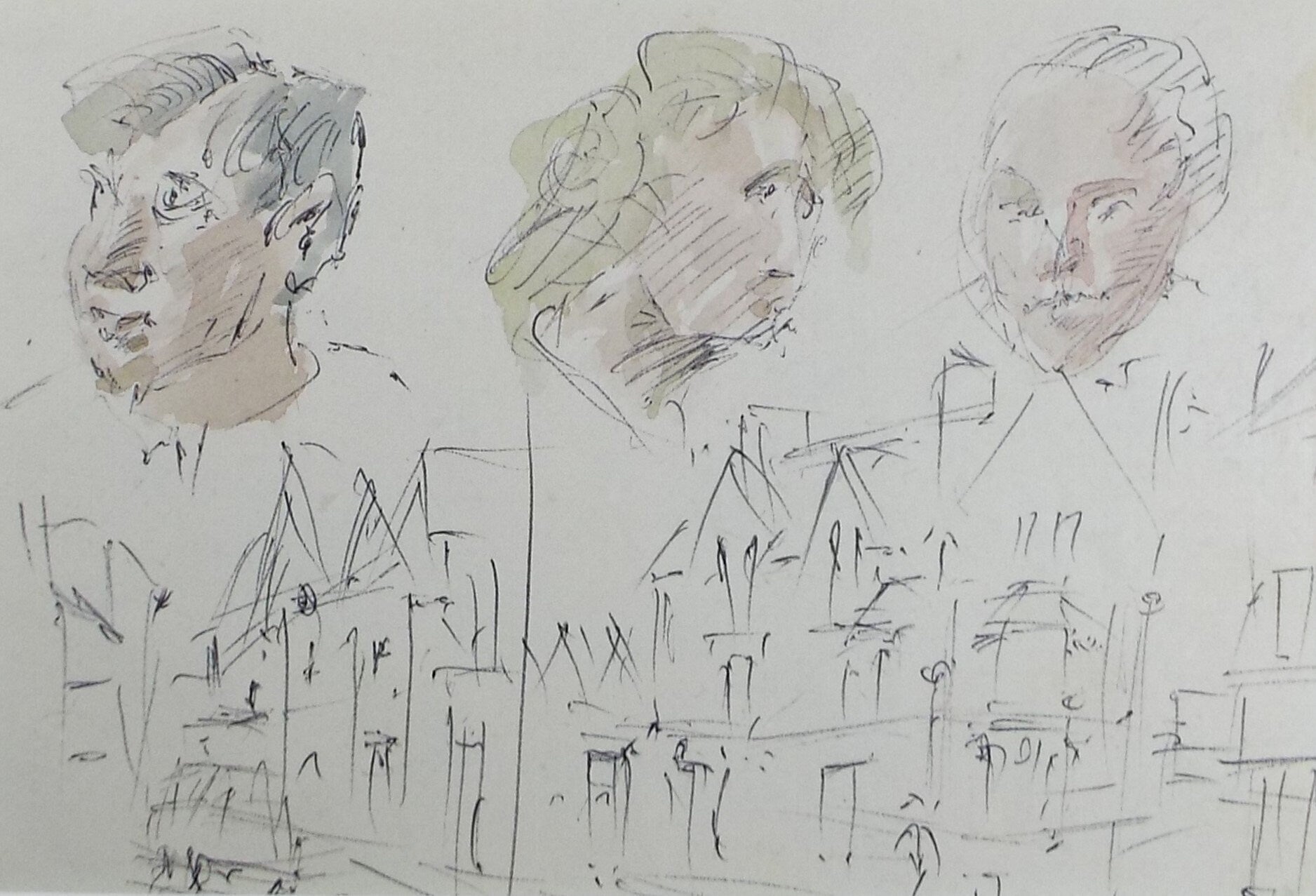 Original Watercolour drawing, 'Heads above a Street', Hugh McKenzie (1909-2005), Mid 20th Century