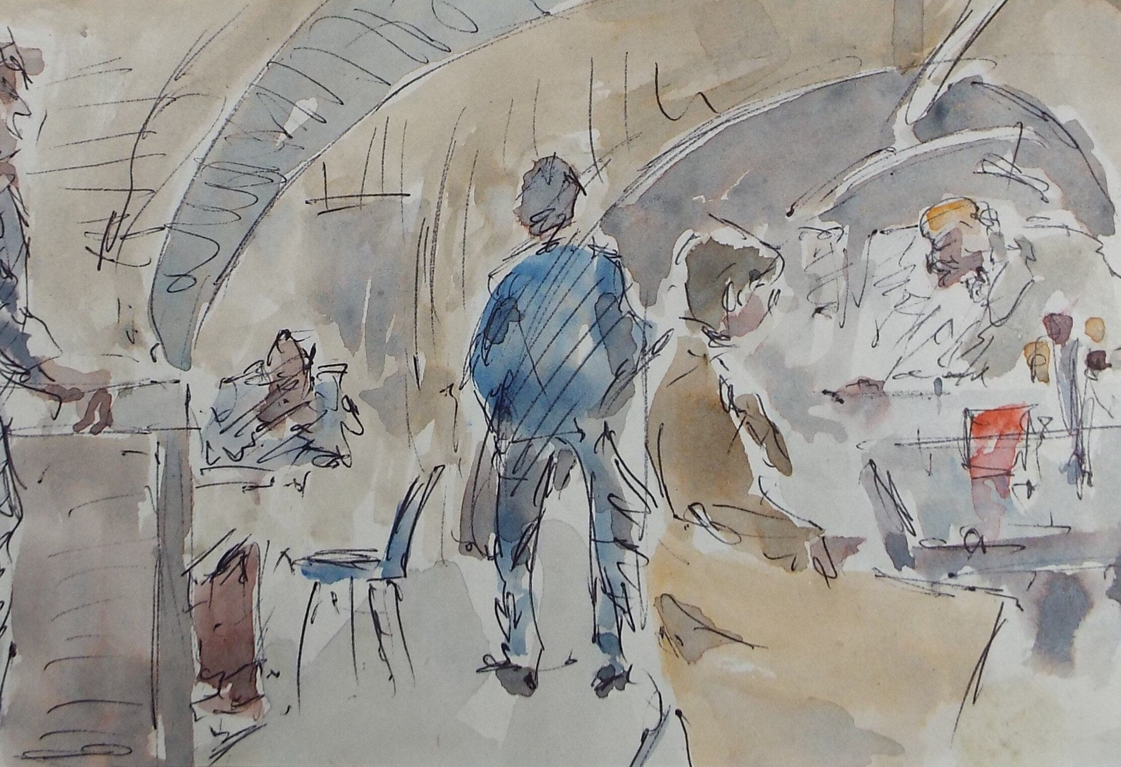 Original Watercolour drawing, 'Figures in a Restaurant', Hugh McKenzie (1909-2005), Mid 20th Century