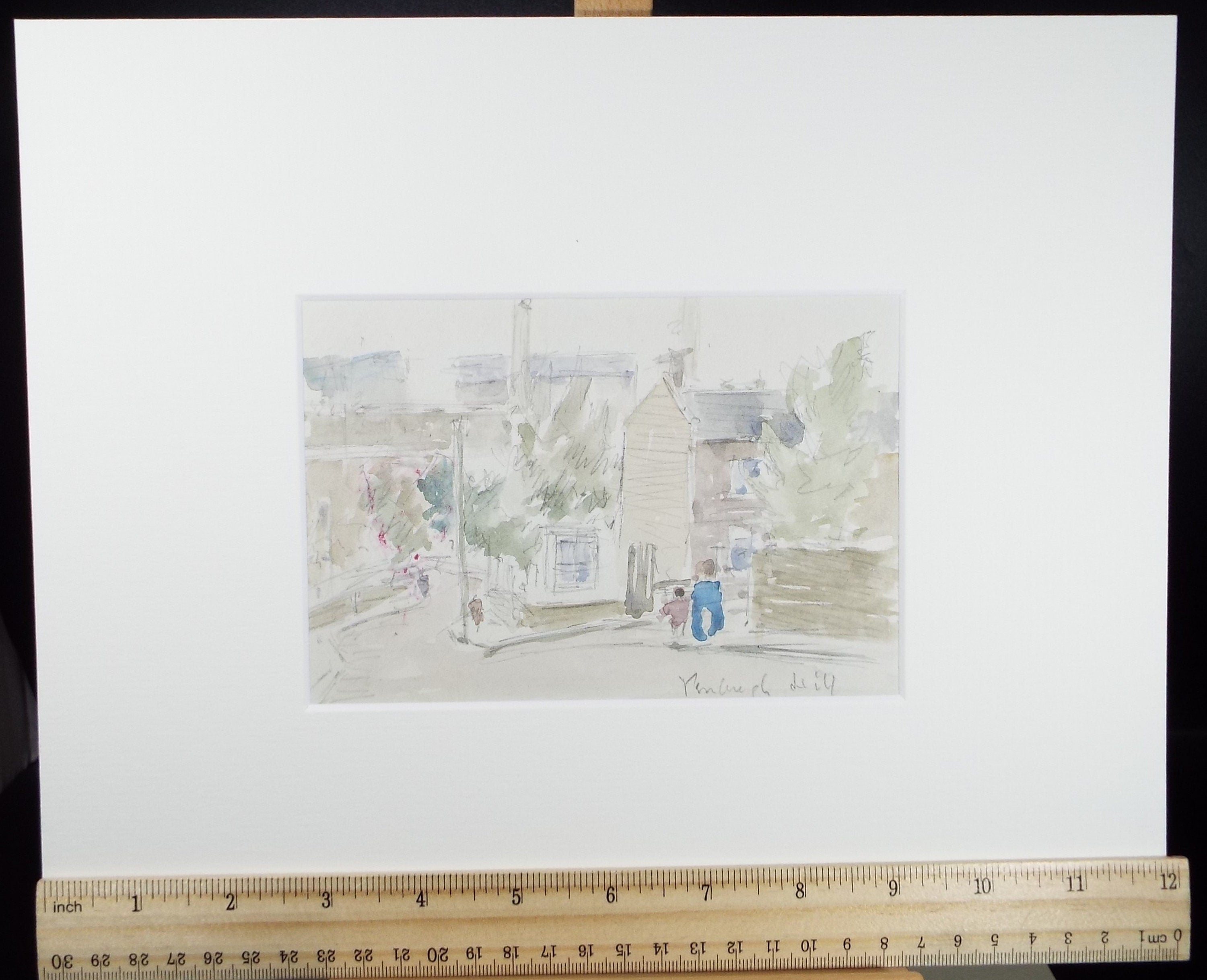 Original Watercolour drawing, 'Street with Figures', Hugh McKenzie (1909-2005), Mid 20th Century