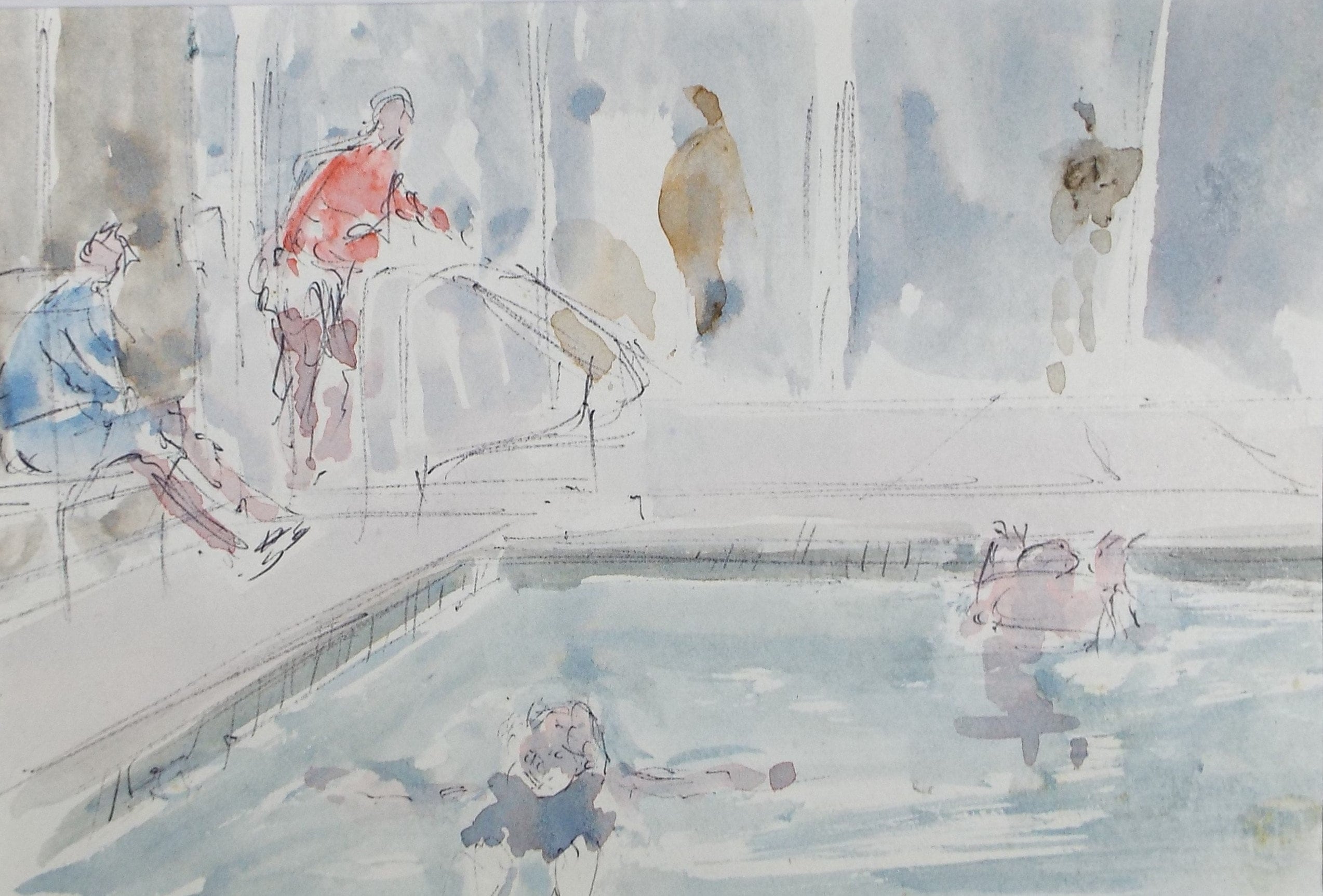 Original Watercolour drawing, 'Figures at the Pool', Hugh McKenzie (1909-2005), Mid 20th Century
