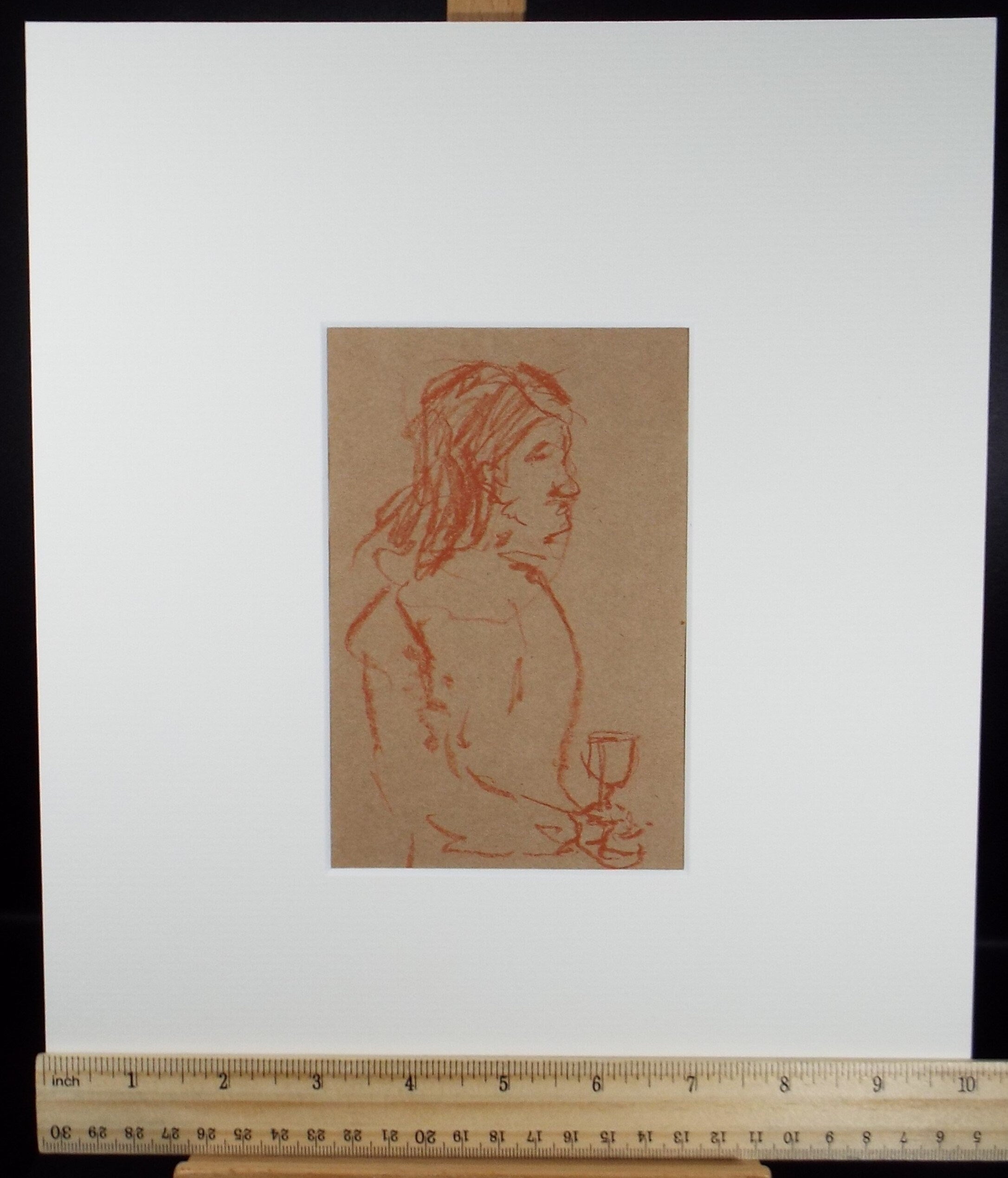 Original Conte Drawing, 'Figure with wine glass', Hugh McKenzie (1909-2005), Mid 20th Century