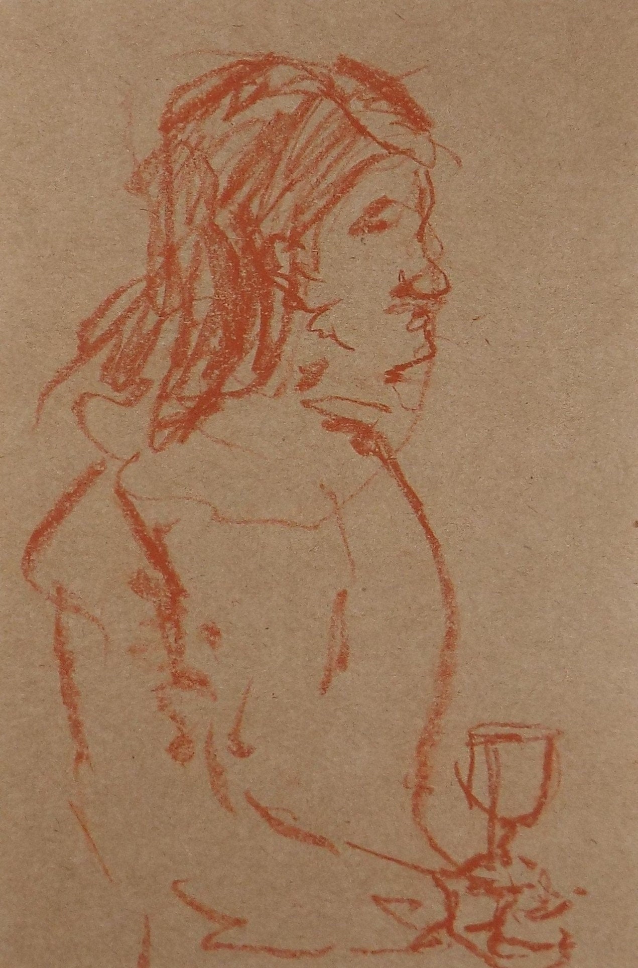 Original Conte Drawing, 'Figure with wine glass', Hugh McKenzie (1909-2005), Mid 20th Century