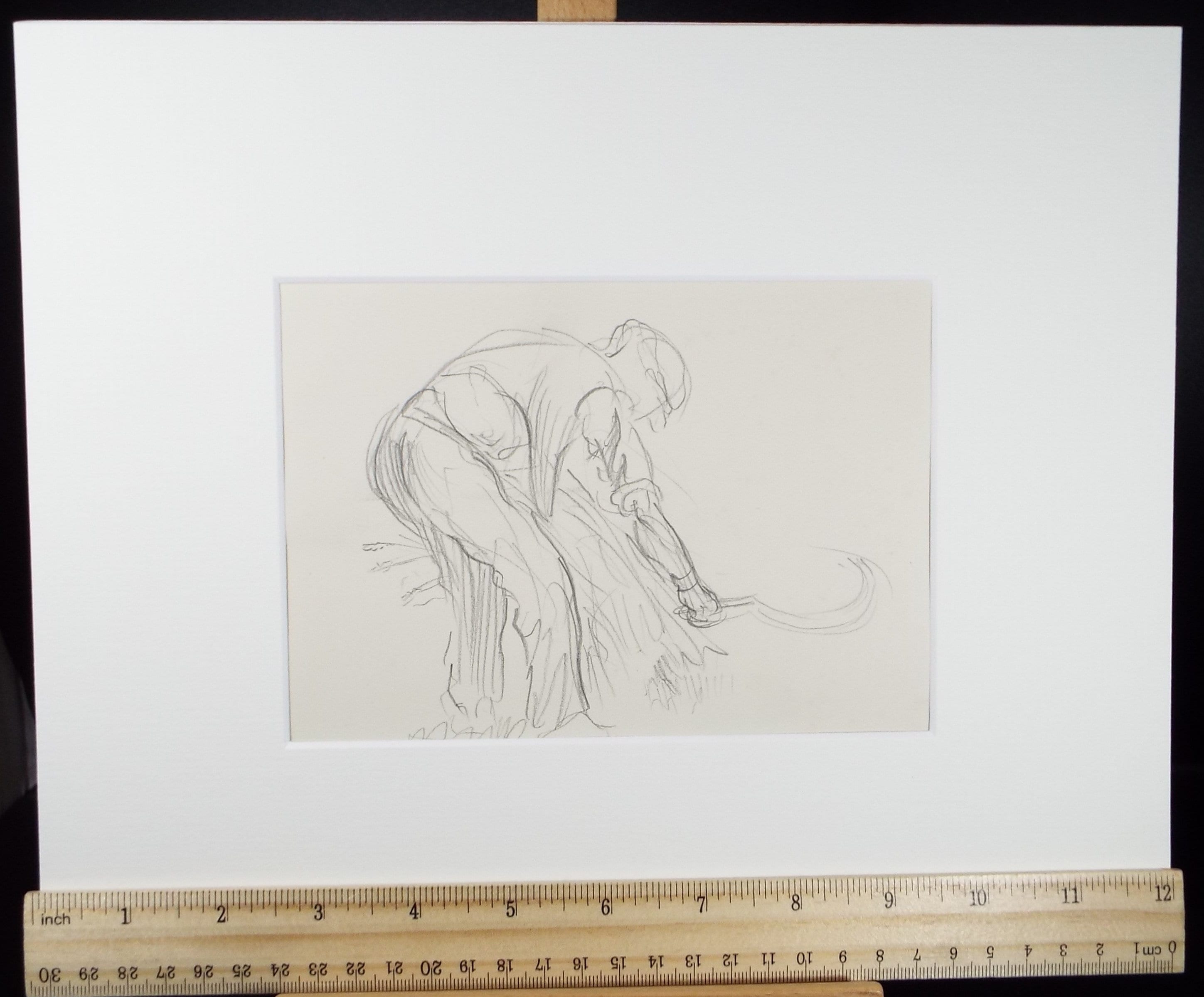 Original Pencil Sketch,'Farmworker with Sickle', Helen Collins (1921-1990), circa 1938/9