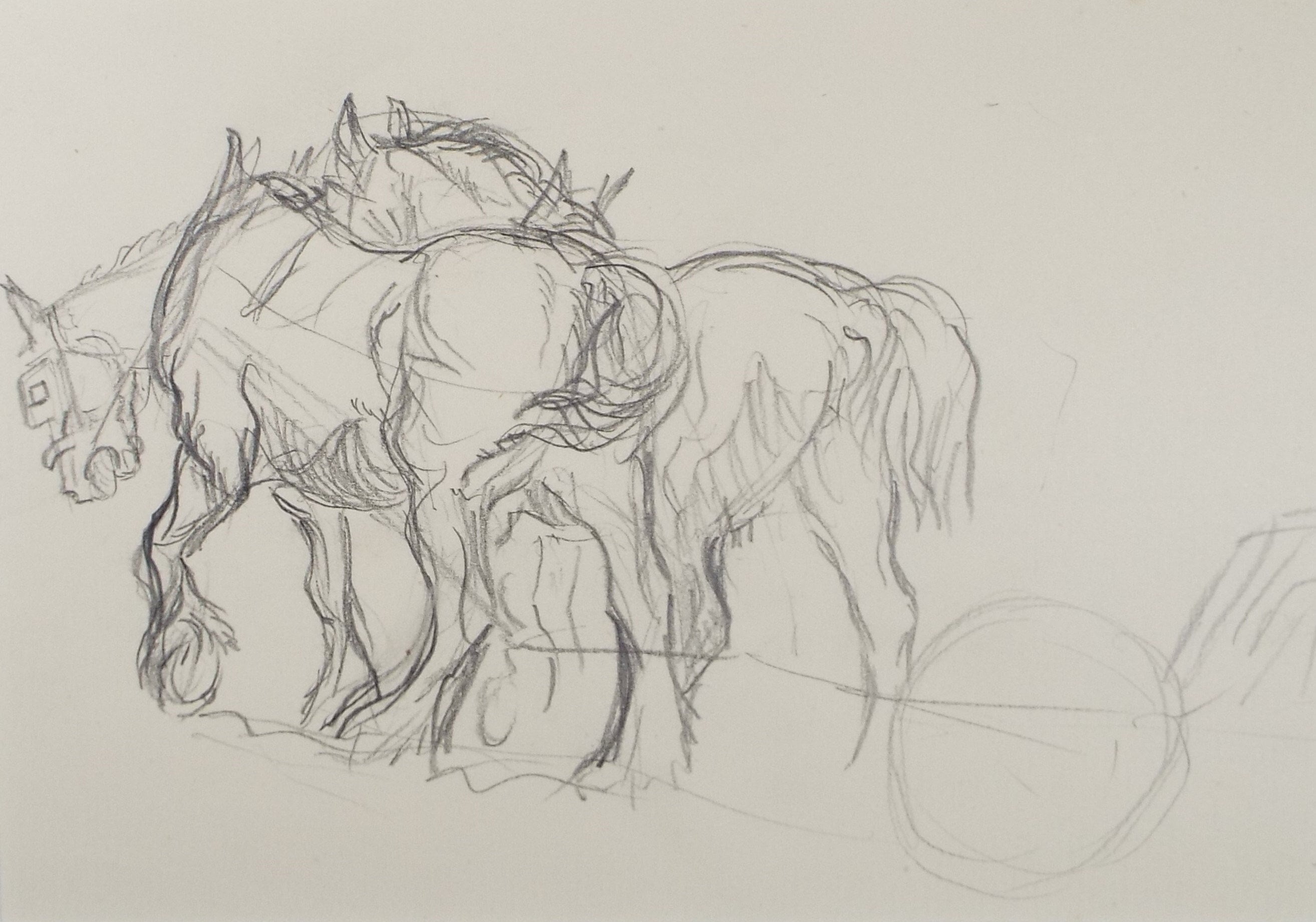 Original Pencil Sketch,'Study of Heavy Horses', Helen Collins (1921-1990), circa 1938/9