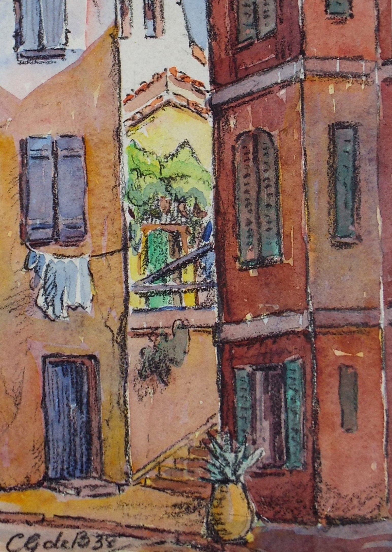 Original Watercolour & ink, 'Continental Street', Cicely Glyn de Beers (1891-1973), Dated 1938