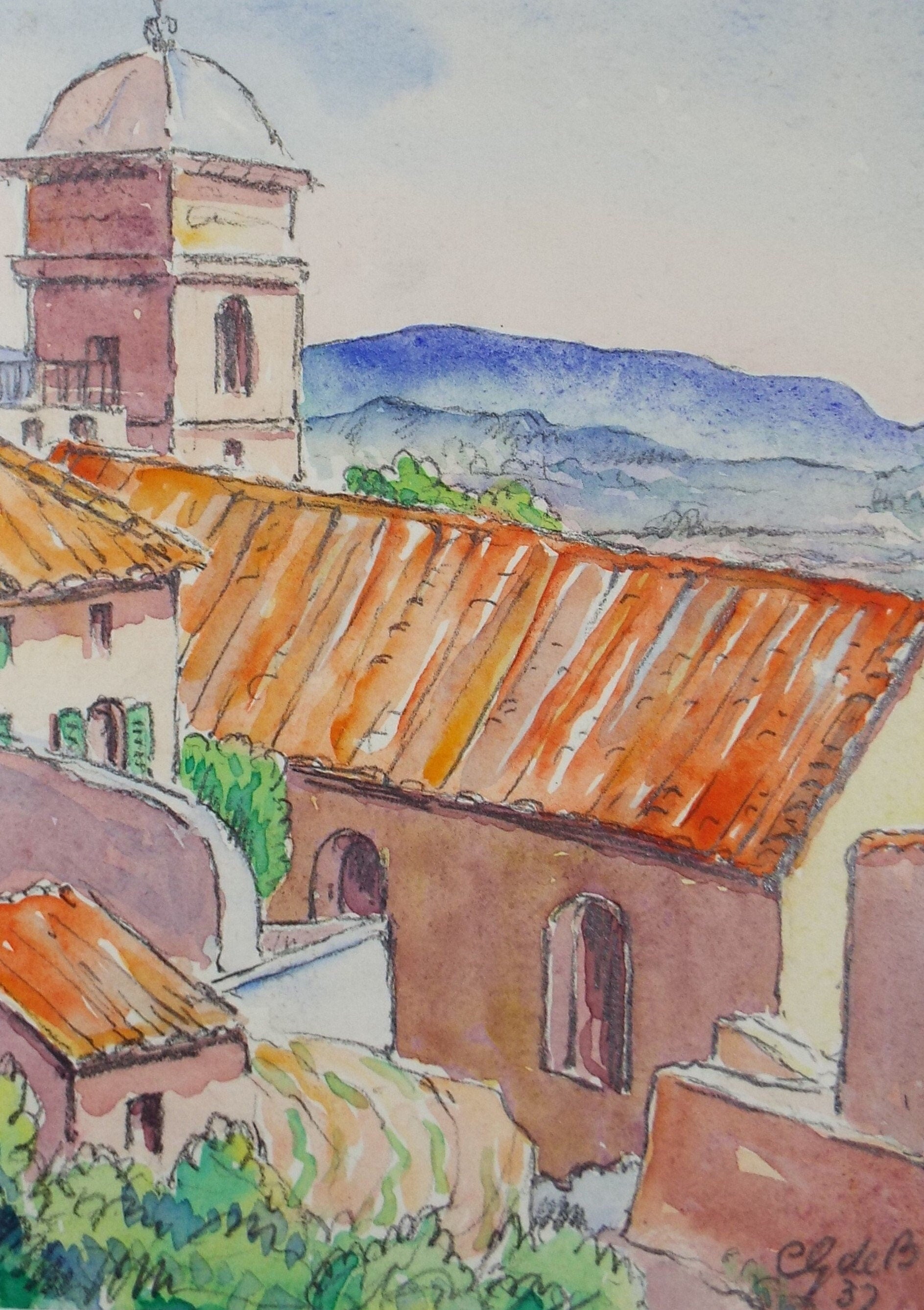 Original Watercolour & ink, 'Continental Church', Cicely Glyn de Beers (1891-1973), Dated 1937