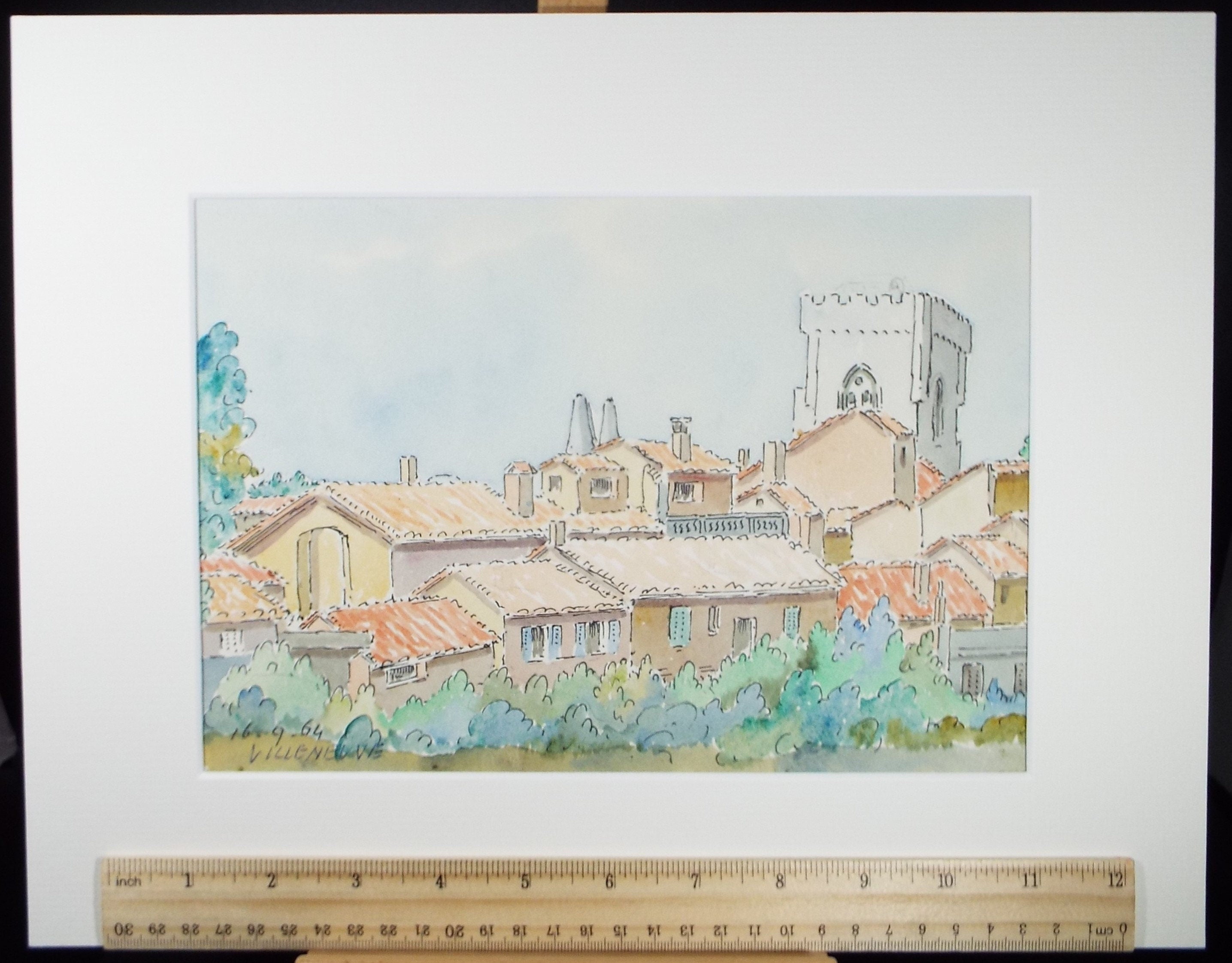 Original Watercolour & Ink , 'Villenueve', Cicely Glyn de Beers (1891-1973), Dated 1964