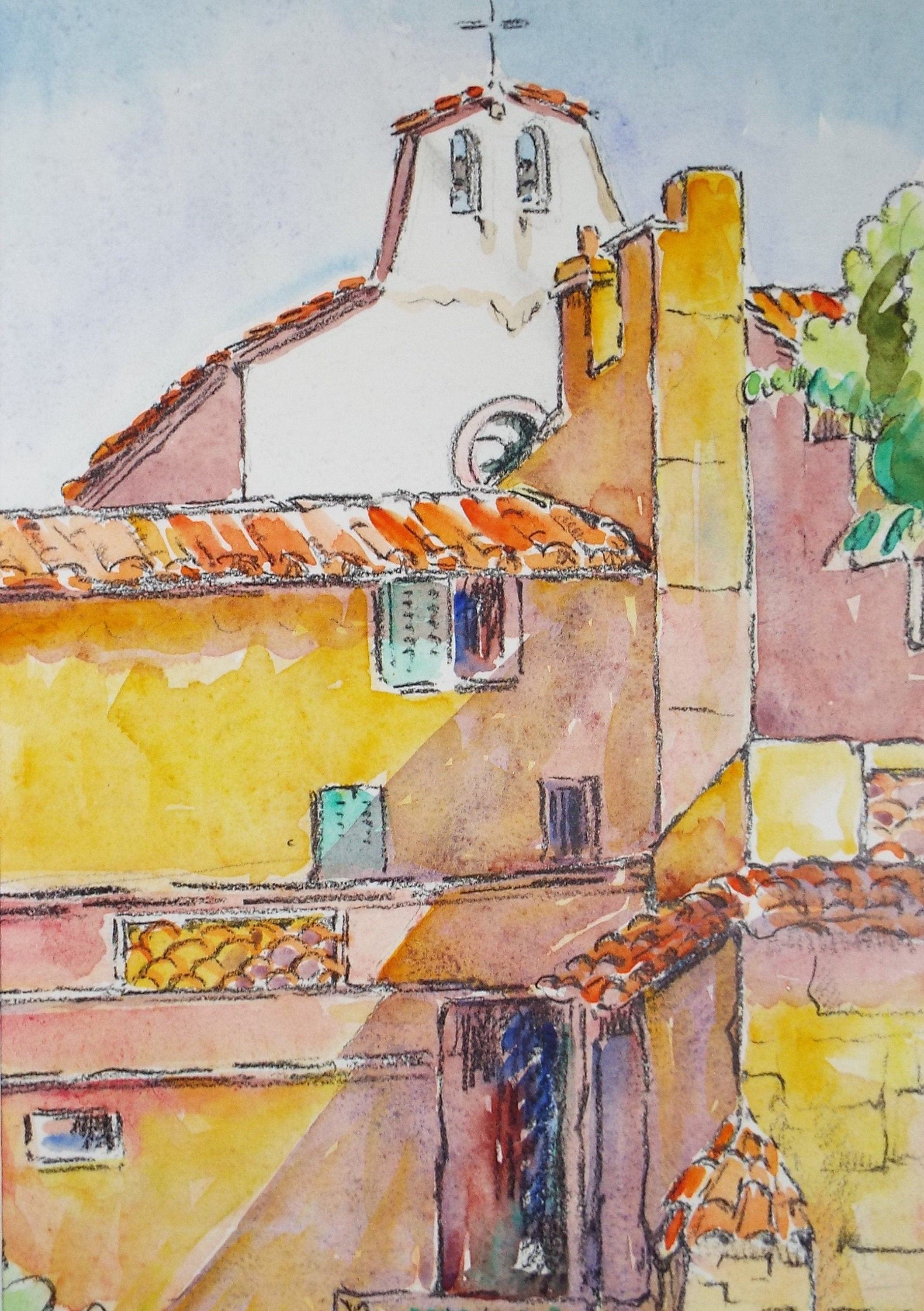 Original Watercolour & Pencil, 'Village Houses and Church', Cicely Glyn de Beers (1891-1973), Circa 1937