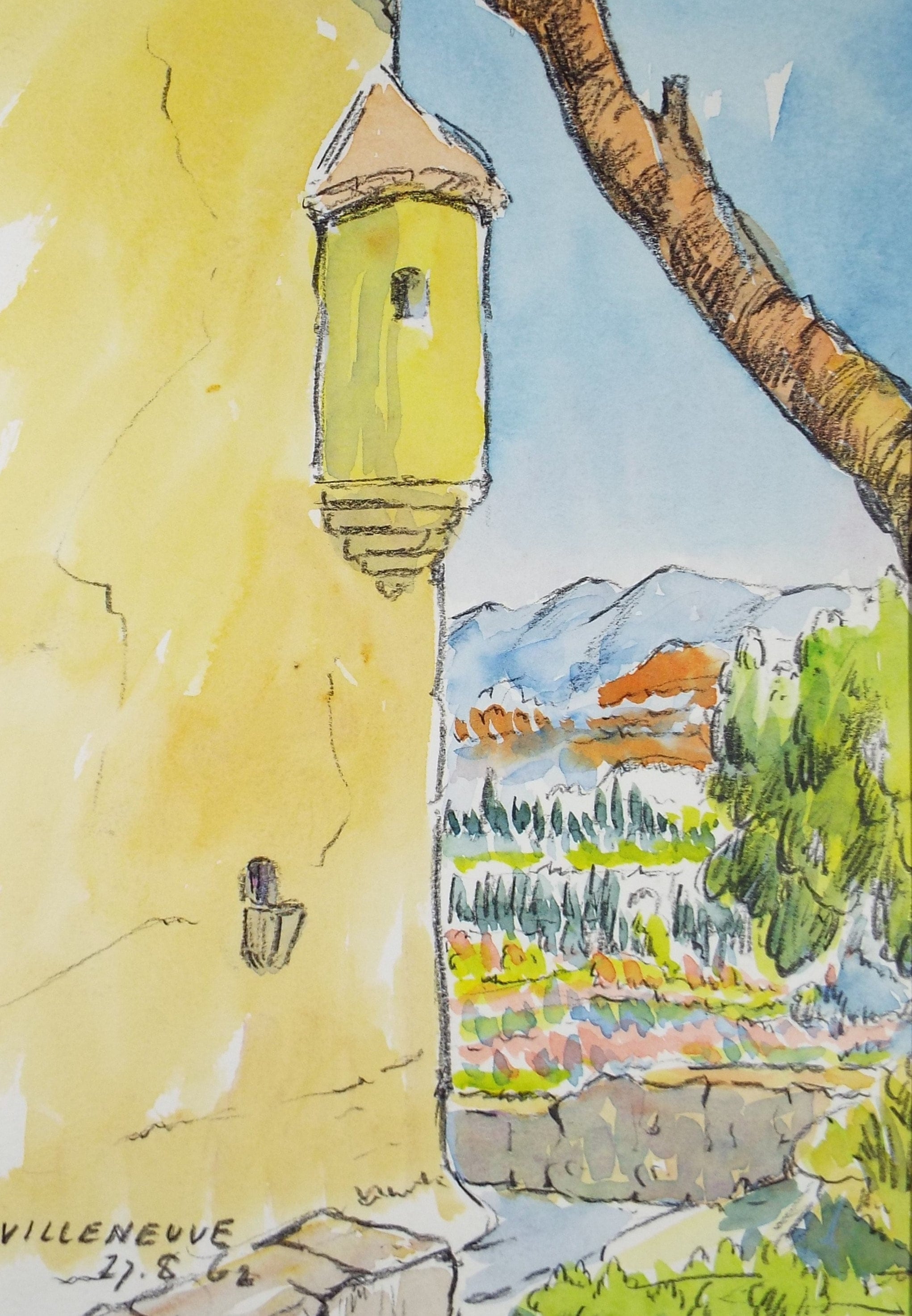Original Watercolour & Pencil, 'Villeneuve', Cicely Glyn de Beers (1891-1973), Dated 1962
