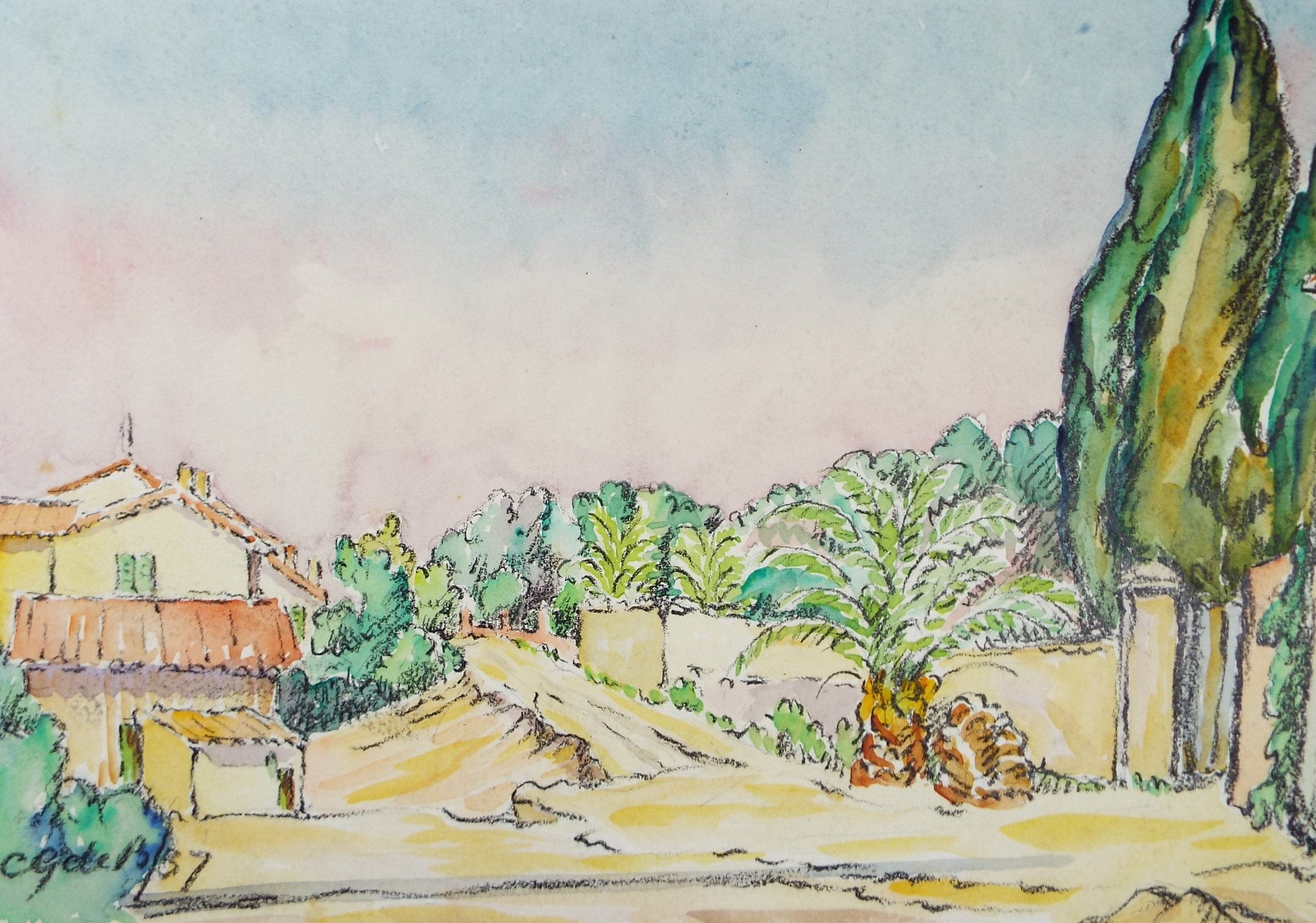 Original Watercolour & Pencil, 'Continental Street scene', Cicely Glyn de Beers (1891-1973), Dated 1937