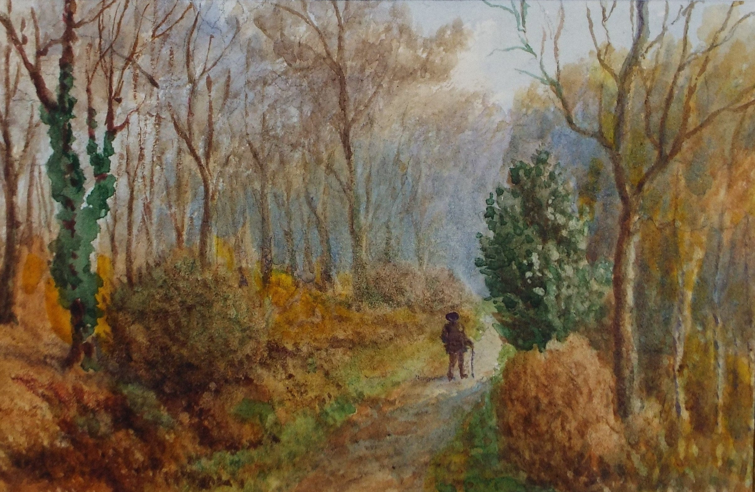 Original Watercolour, 'Figure in woodland, Caerwys', Edwin Brown (1845-1936), circa 1920's