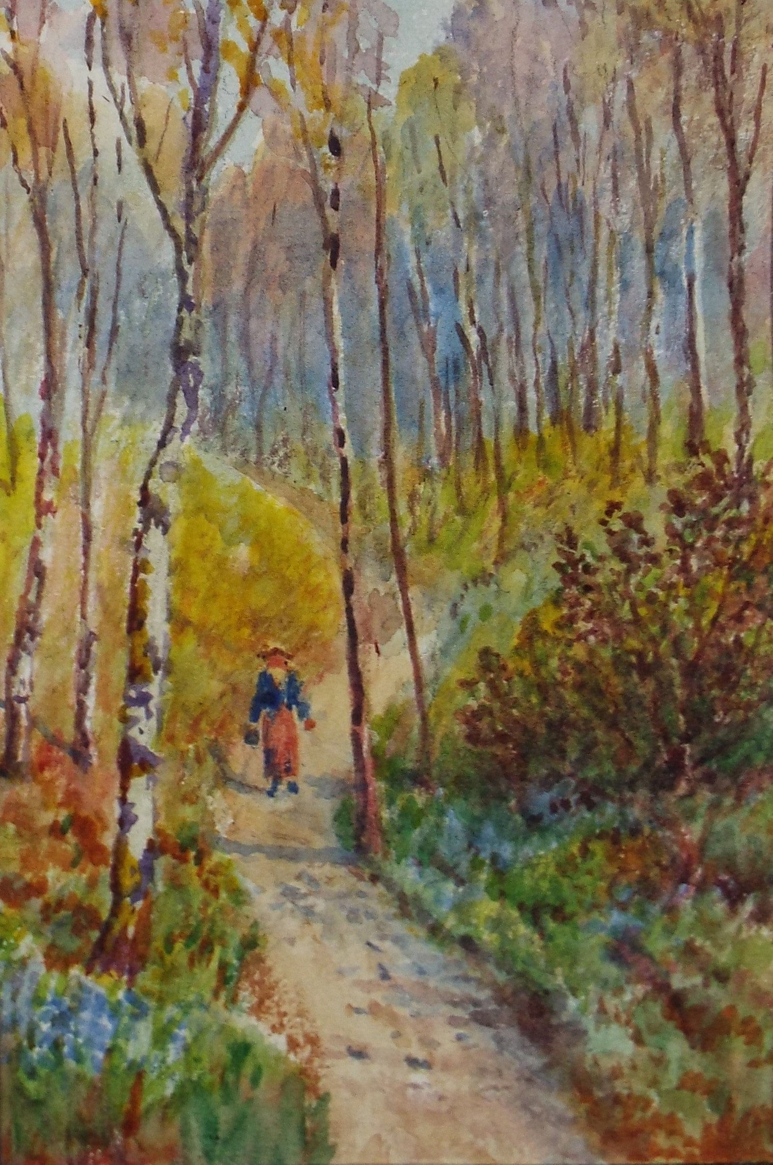 Original Watercolour, 'Figure in Woodland, Caerwys', Edwin Brown (1845-1936), circa 1920's