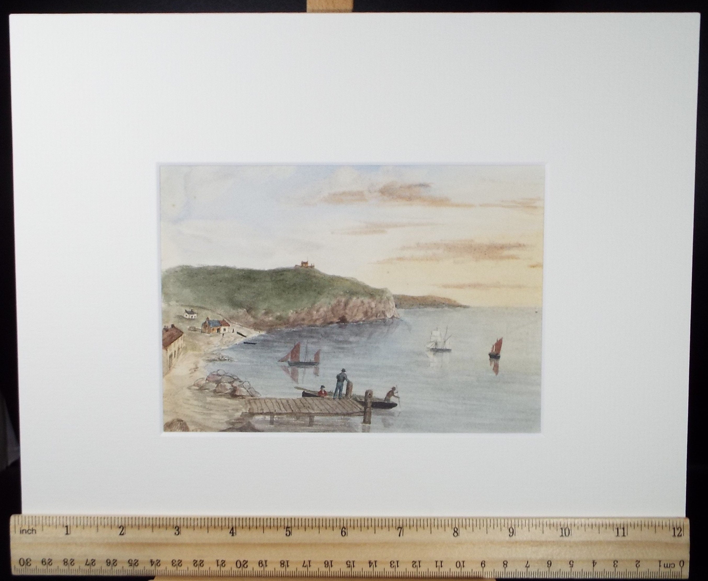Original Watercolour, 'Fishing Village with Shipping', Late 19th Century, Unknown Artist