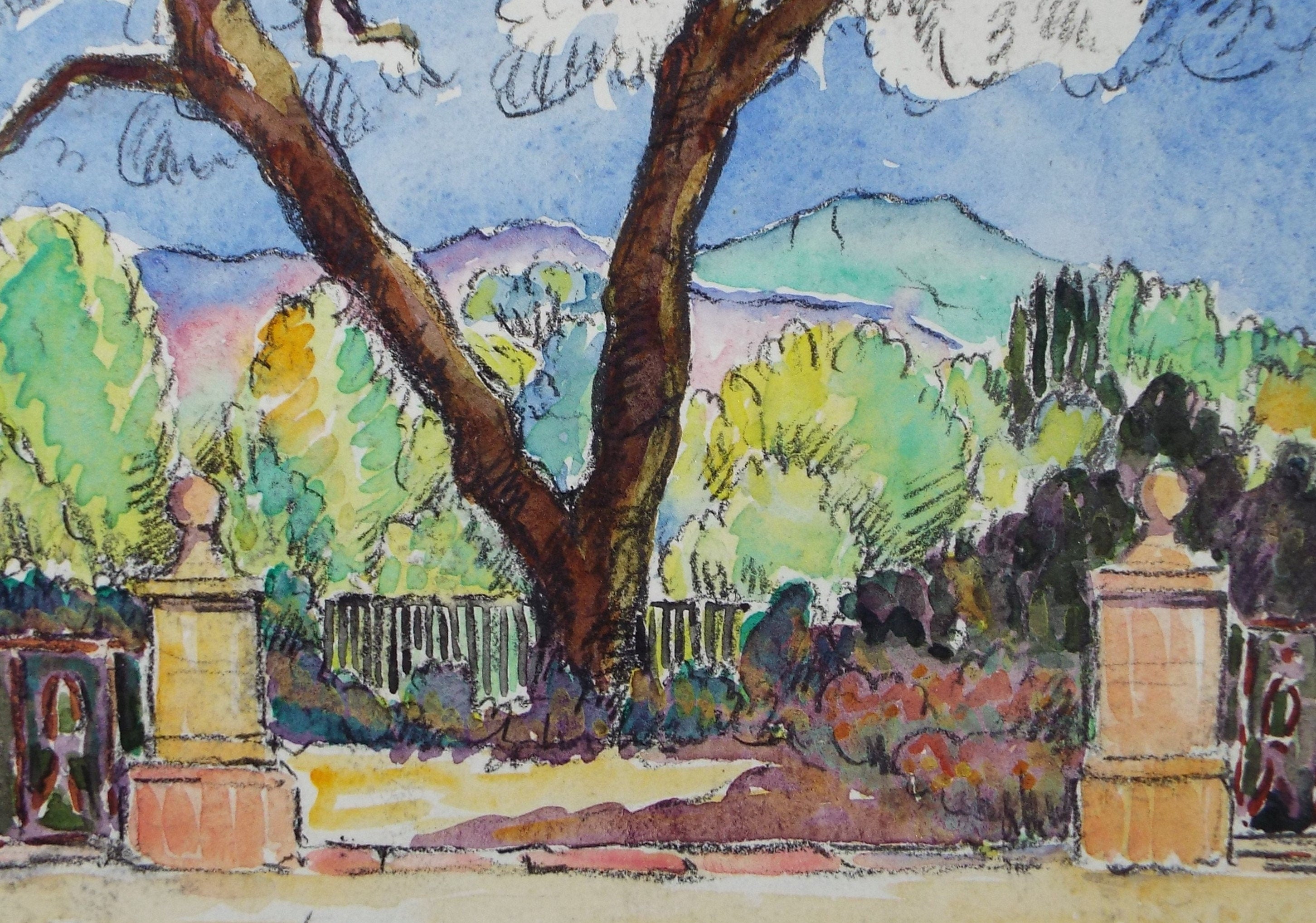 Original Watercolour & Pencil, 'Garden Boundry', Cicely Glyn de Beers (1891-1973), Dated 1938