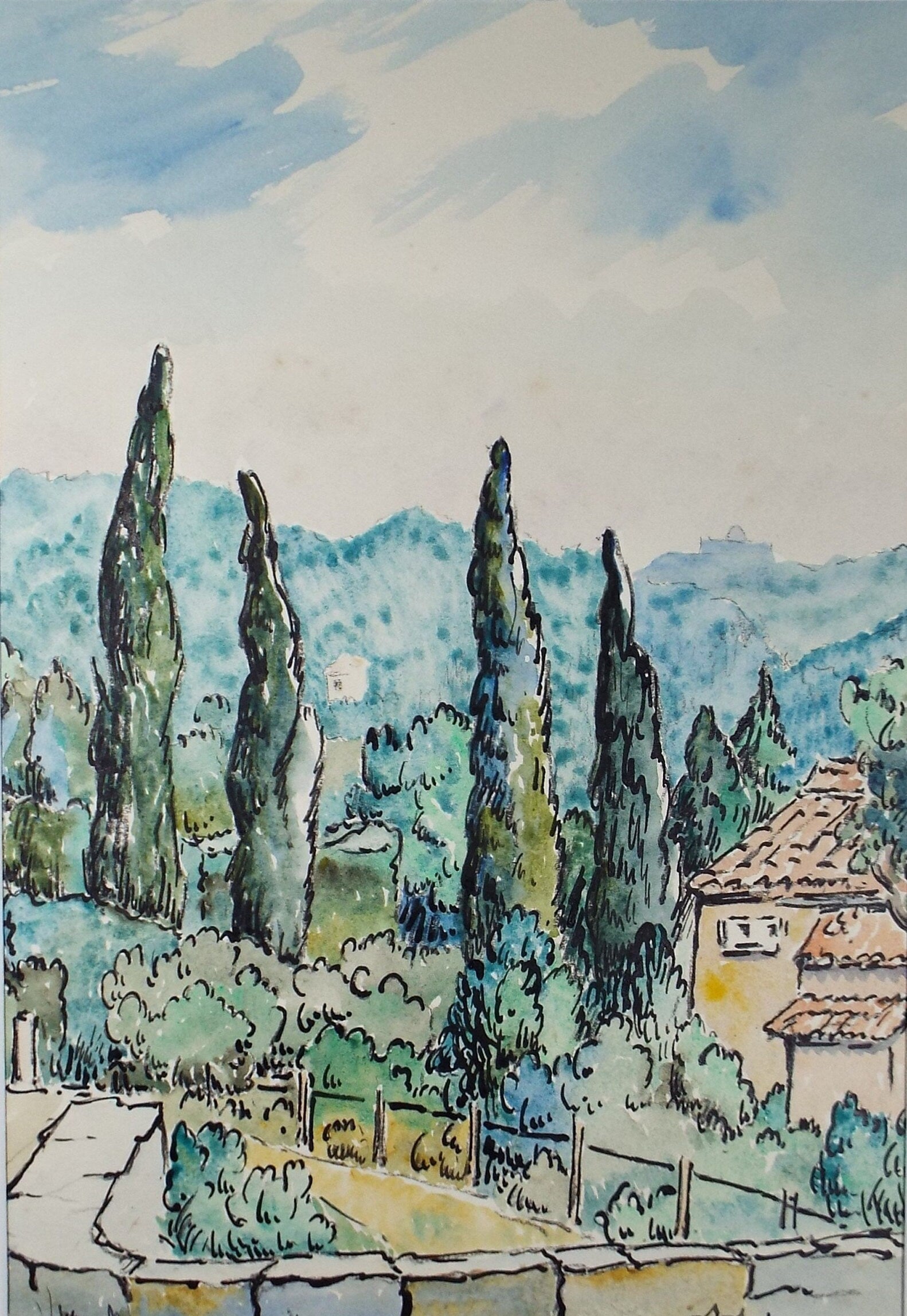 Original Watercolour & Pencil, 'Mougins', Cicely Glyn de Beers (1891-1973), Dated 1960