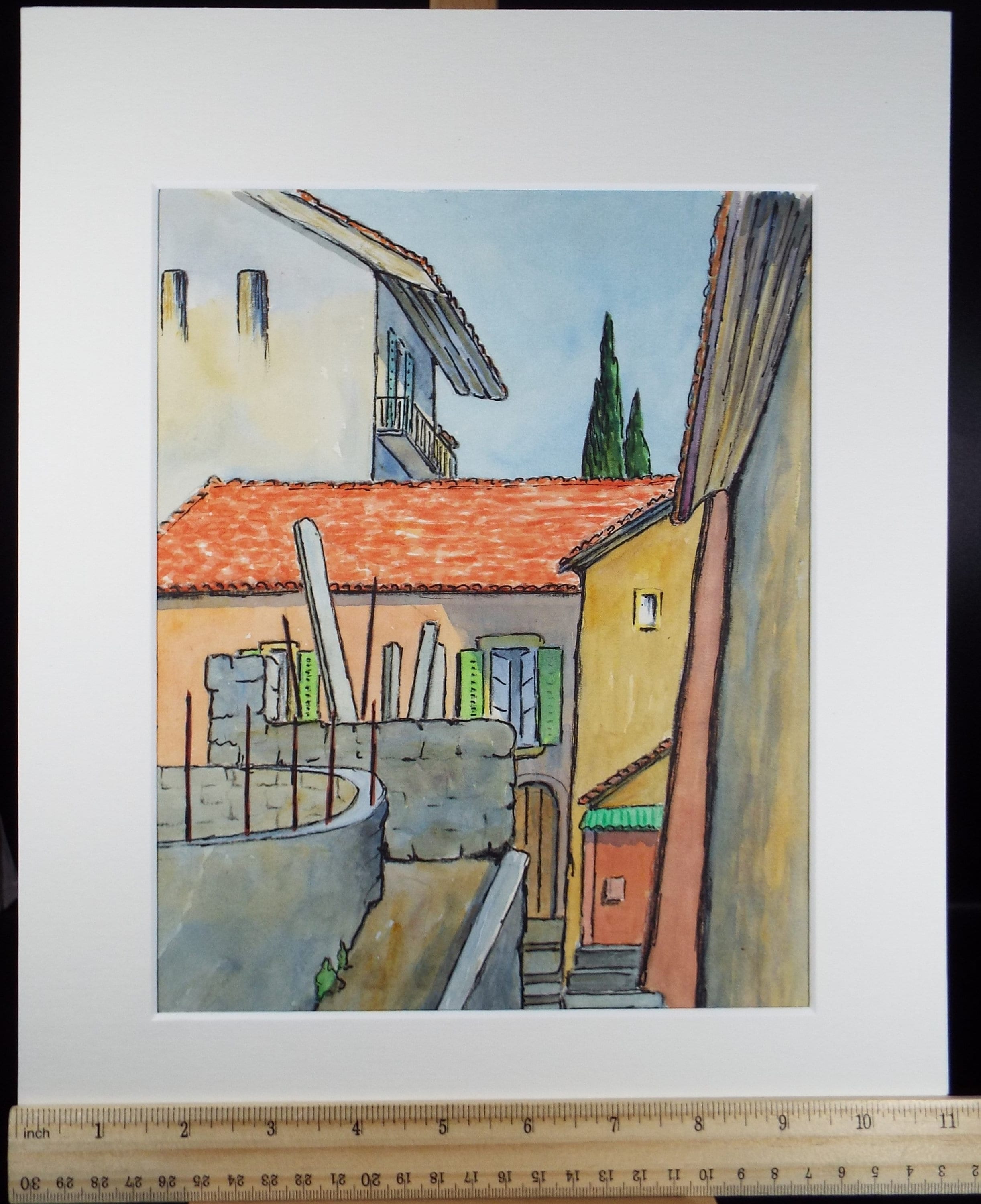 Original Watercolour & ink, 'Locarno, Switzerland', Cicely Glyn de Beers (1891-1973), Dated 1971