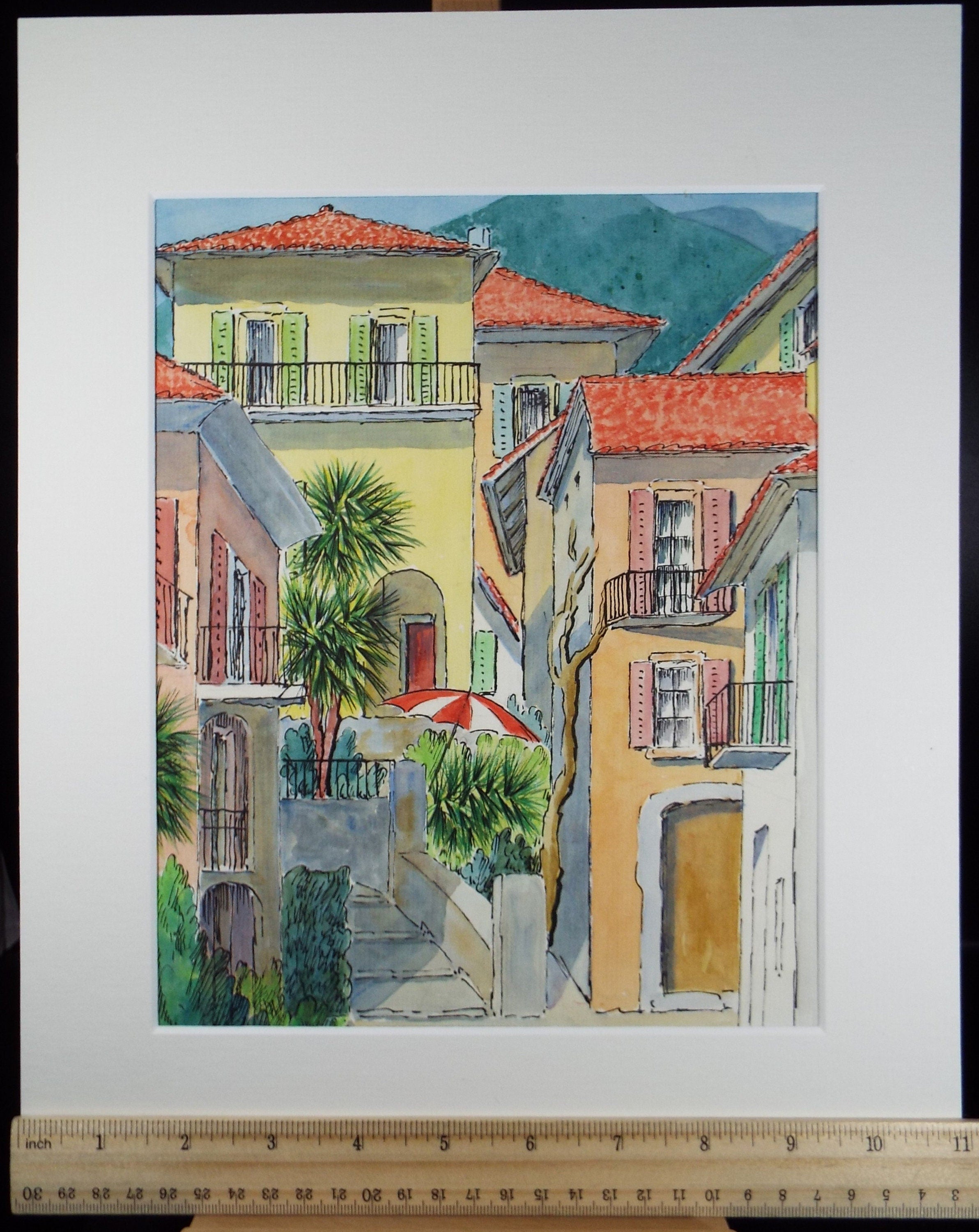 Original Watercolour & ink, 'Locarno, Switzerland', Cicely Glyn de Beers (1891-1973), Dated 1971