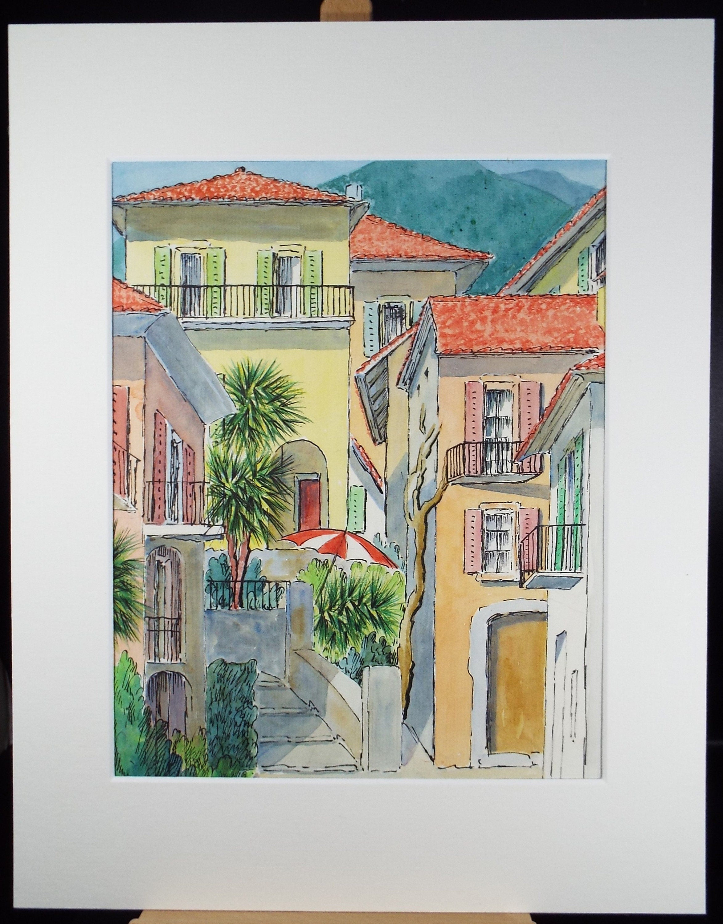 Original Watercolour & ink, 'Locarno, Switzerland', Cicely Glyn de Beers (1891-1973), Dated 1971