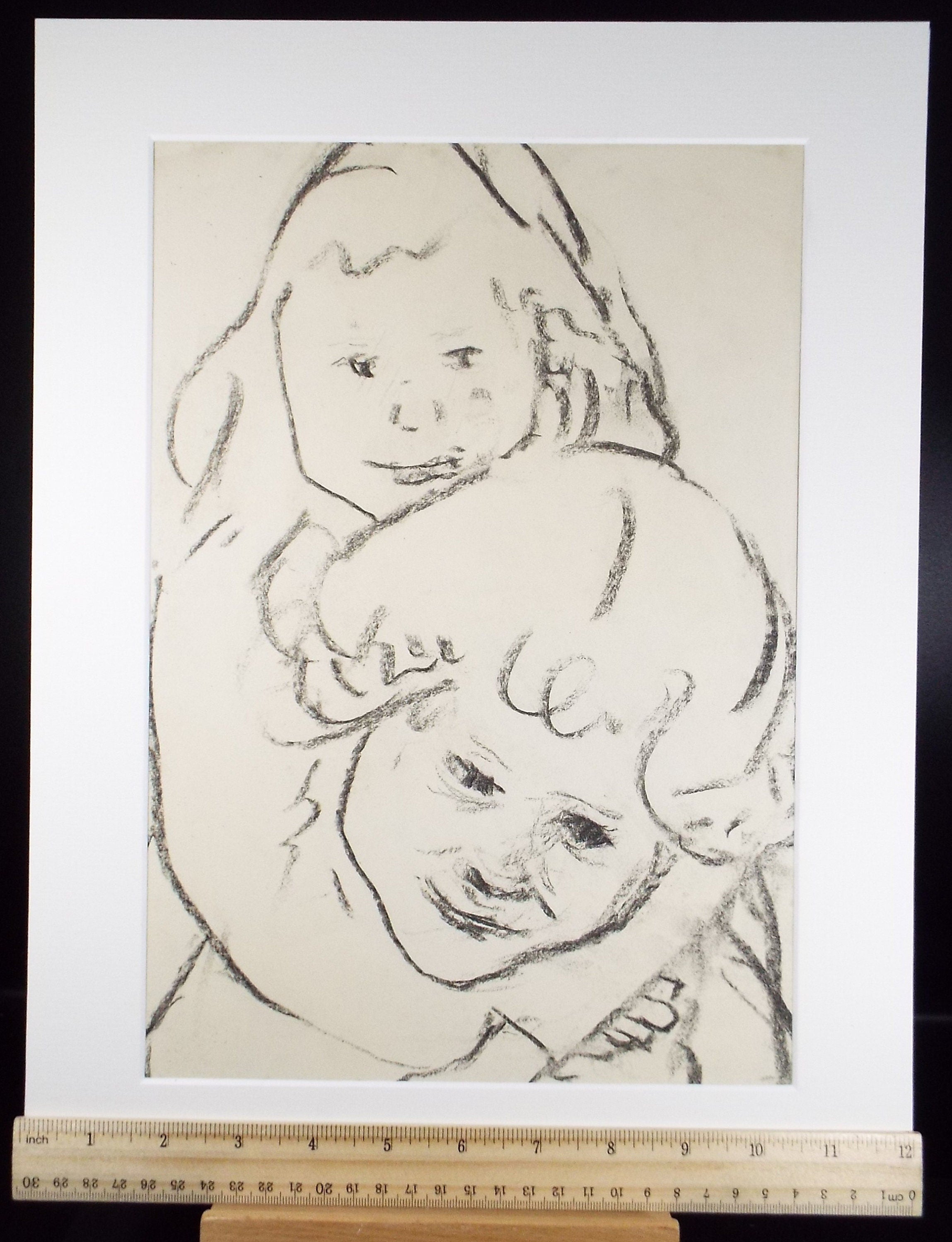 Original Conte Drawing, 'Children Playing', Leslie Duxbury ARCA (1921-2001), Circa 1970's