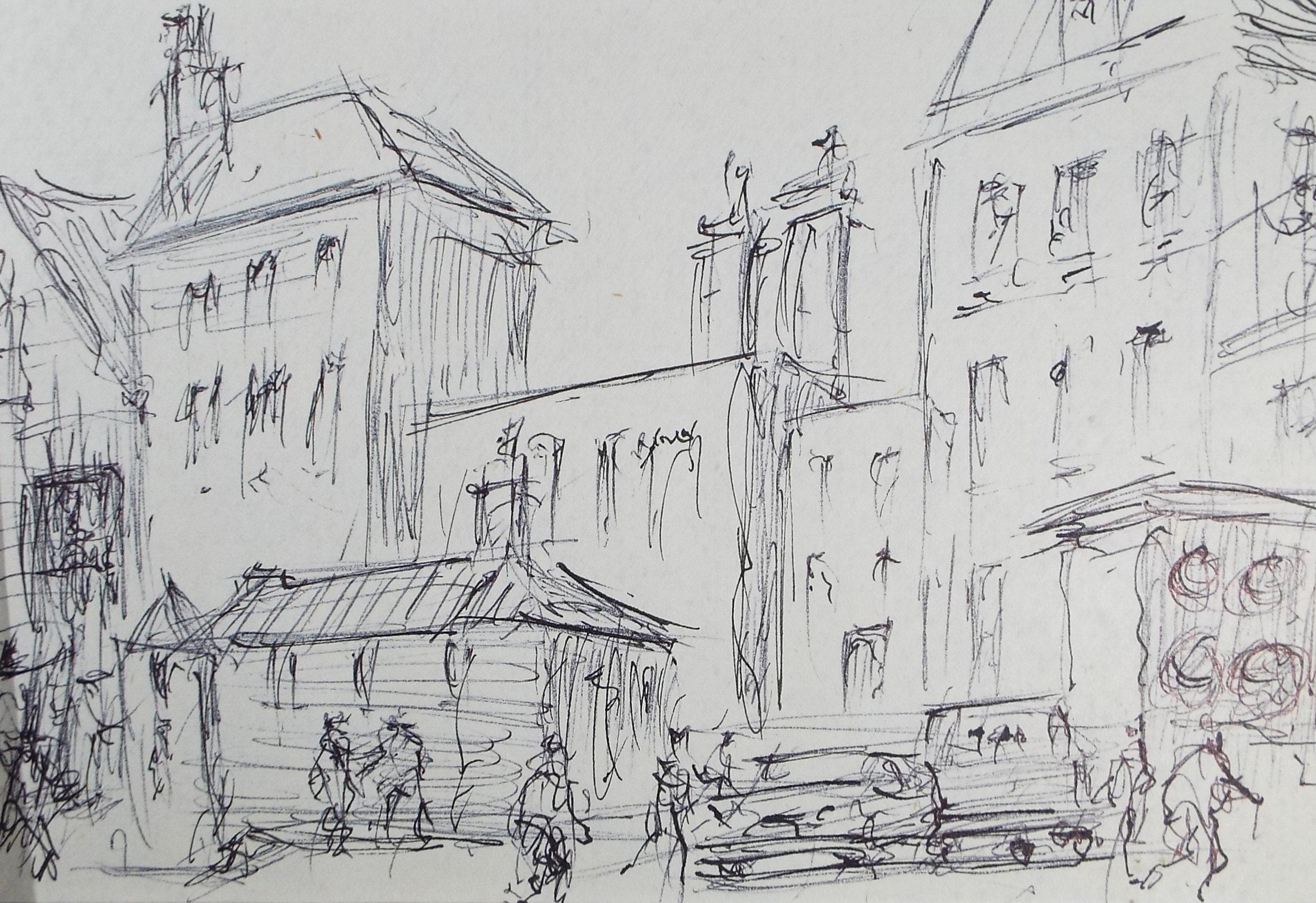 Original Pen & ink sketch, 'Street Scene with Figures', Hugh McKenzie (1909-2005), Mid 20th Century