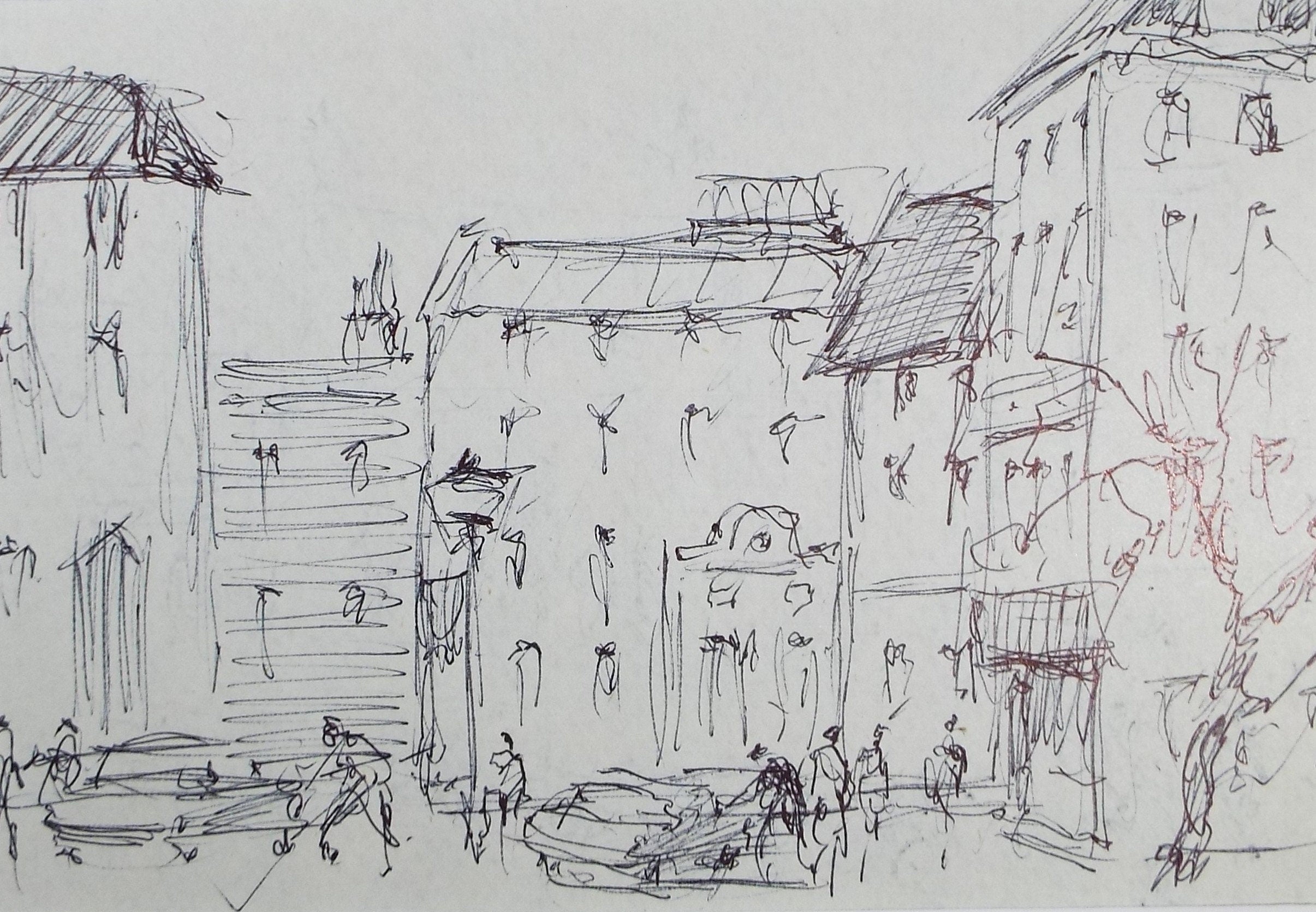 Original Pen & ink sketch, 'Street Scene with Figures', Hugh McKenzie (1909-2005), Mid 20th Century