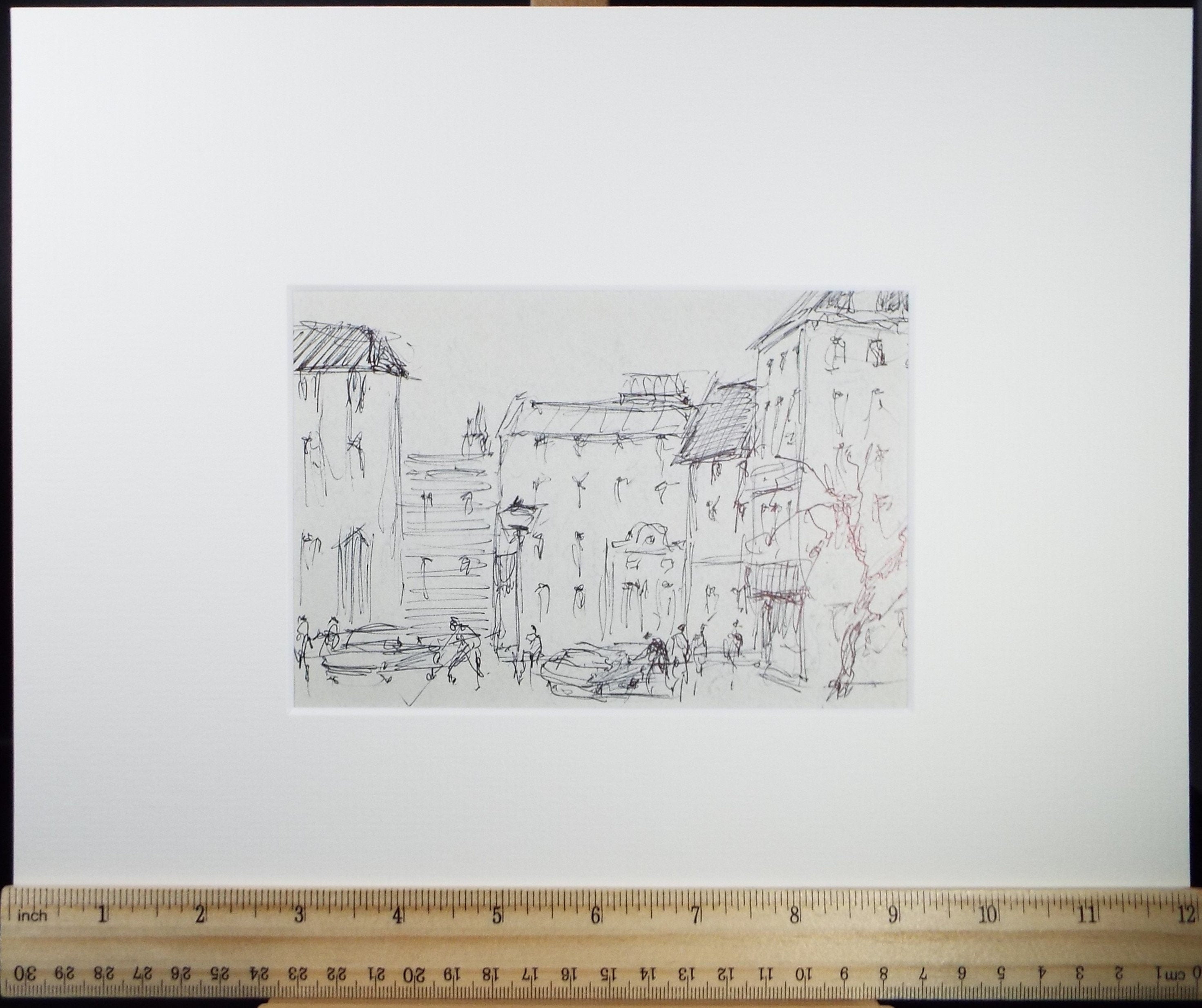 Original Pen & ink sketch, 'Street Scene with Figures', Hugh McKenzie (1909-2005), Mid 20th Century