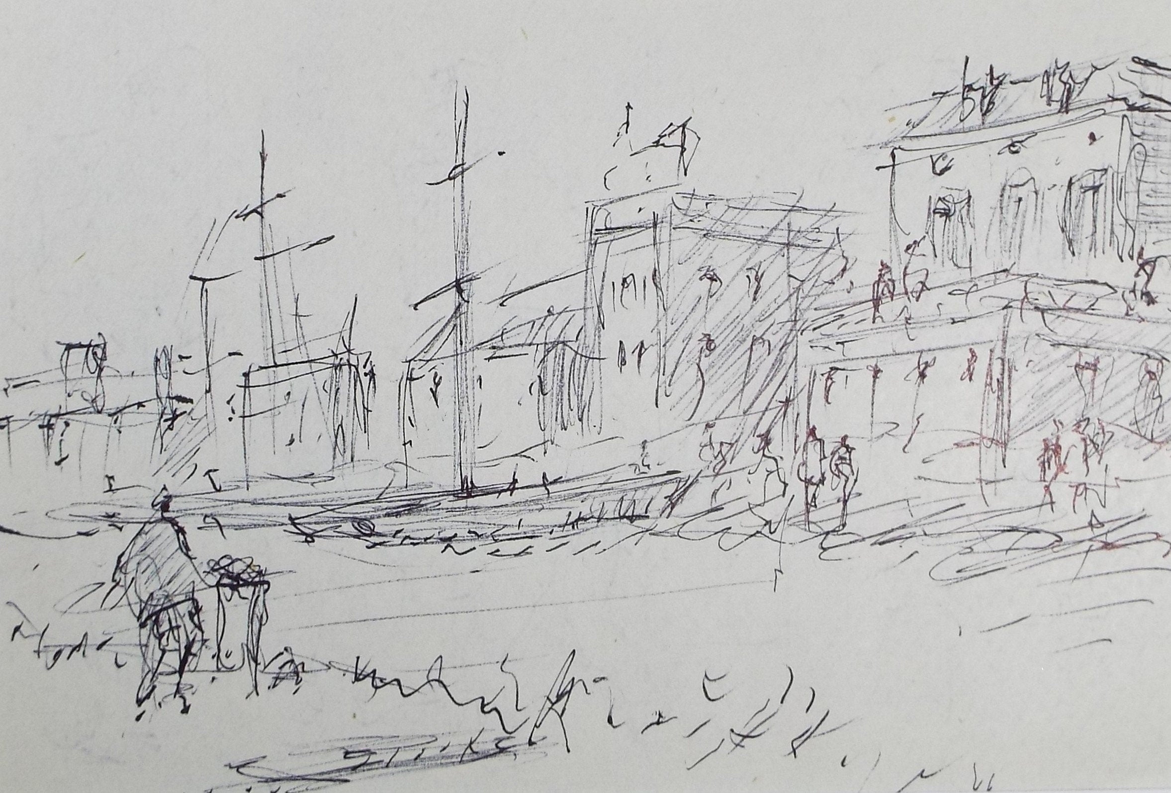 Original Pen & ink sketch, 'Quayside with Figures', Hugh McKenzie (1909-2005), Mid 20th Century
