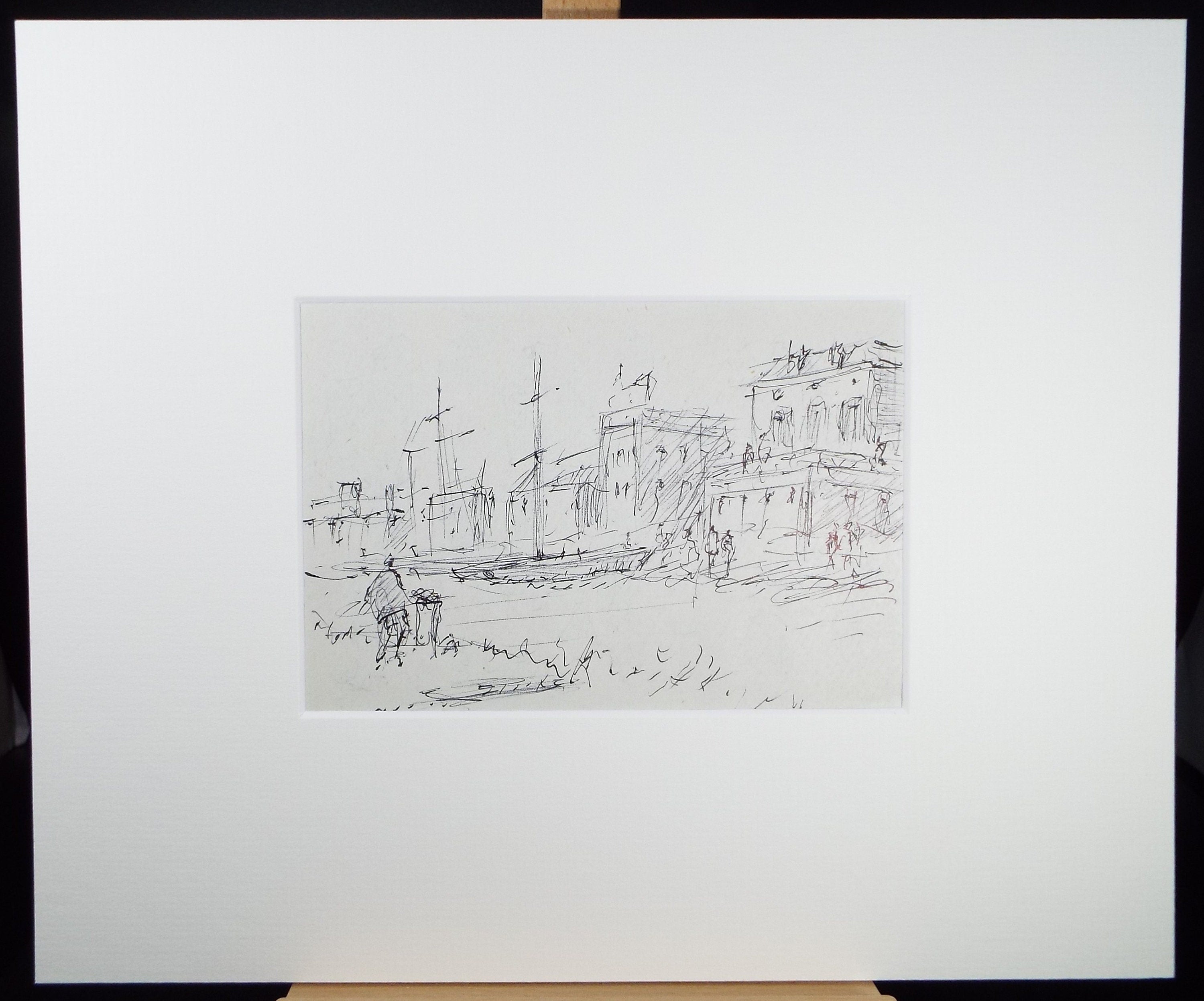 Original Pen & ink sketch, 'Quayside with Figures', Hugh McKenzie (1909-2005), Mid 20th Century