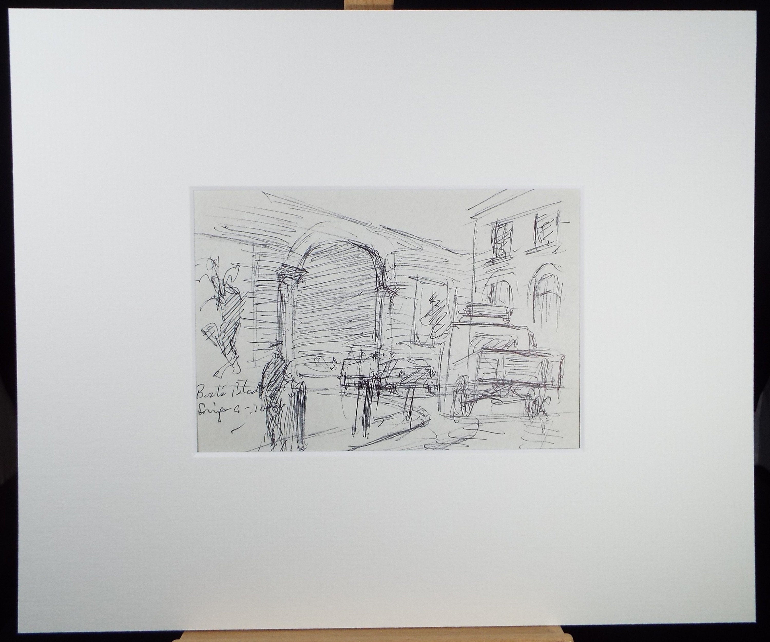 Original Pen & ink sketch, 'Road Traffic with Figures', Hugh McKenzie (1909-2005), Mid 20th Century