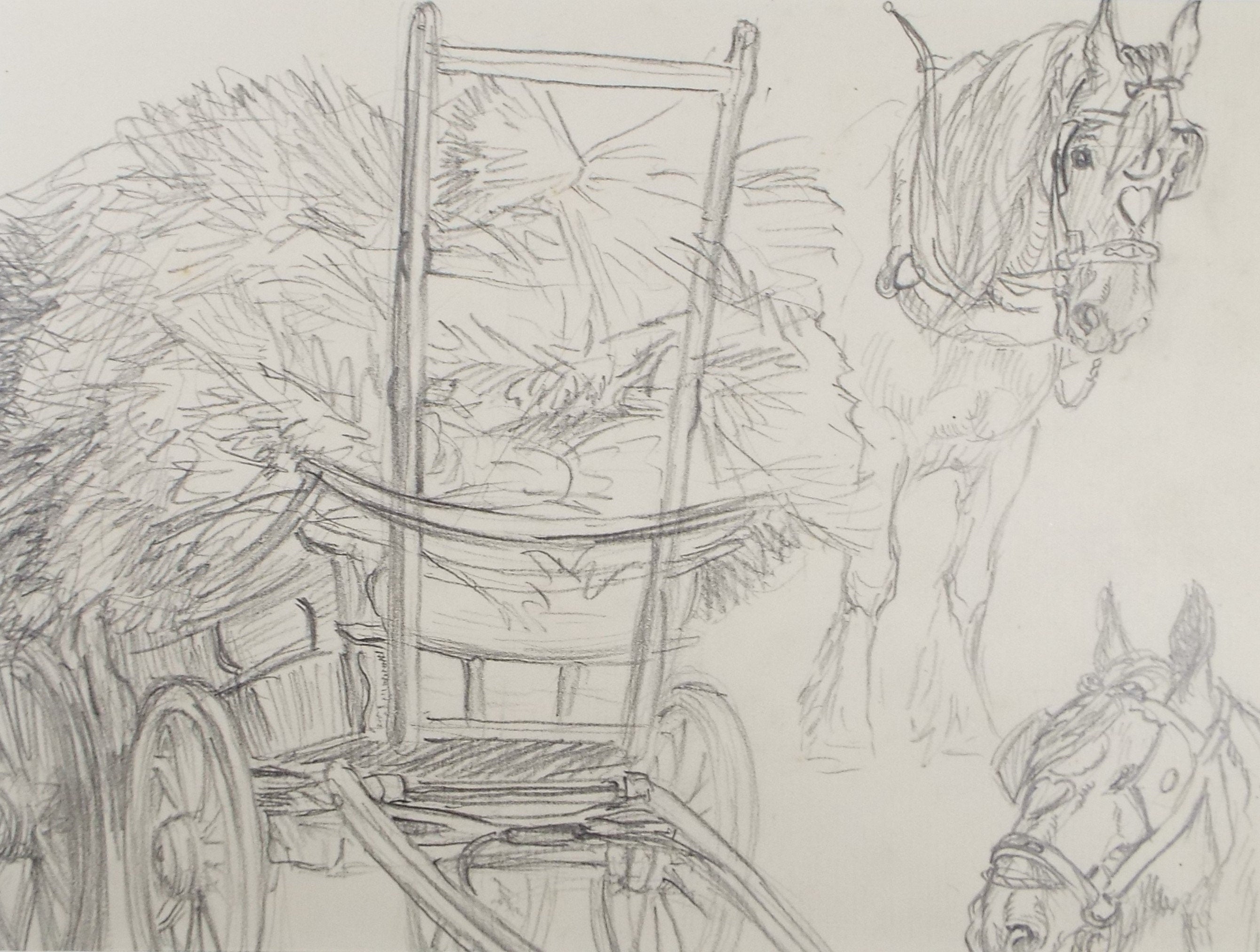 Original Pencil Sketch,'Study of Heavy horses & hay rick', Helen Collins (1921-1990), circa 1938/9