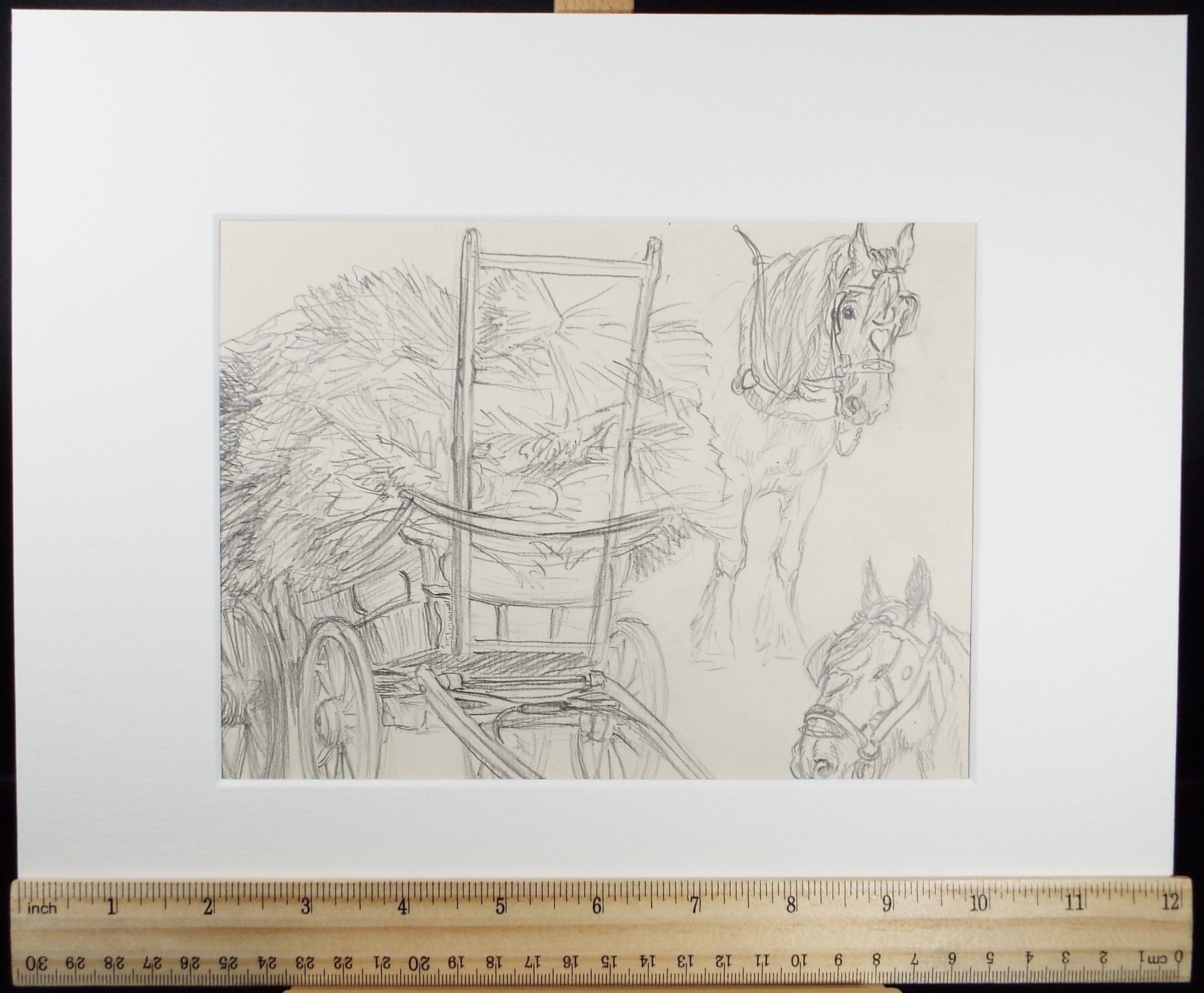 Original Pencil Sketch,'Study of Heavy horses & hay rick', Helen Collins (1921-1990), circa 1938/9