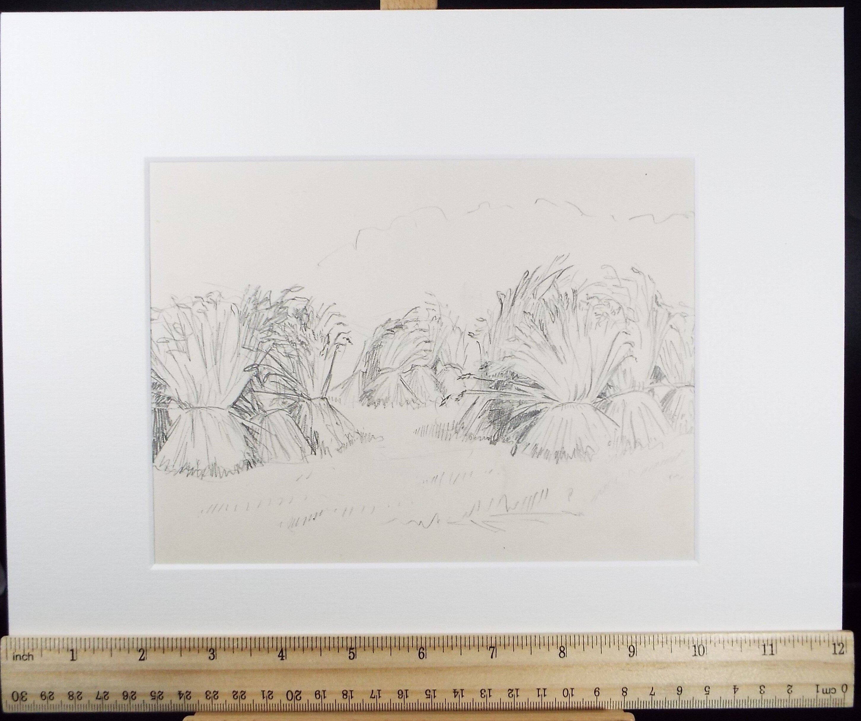 Original Pencil Sketch,'Study of Corn Stooks', Helen Collins (1921-1990), circa 1938/9