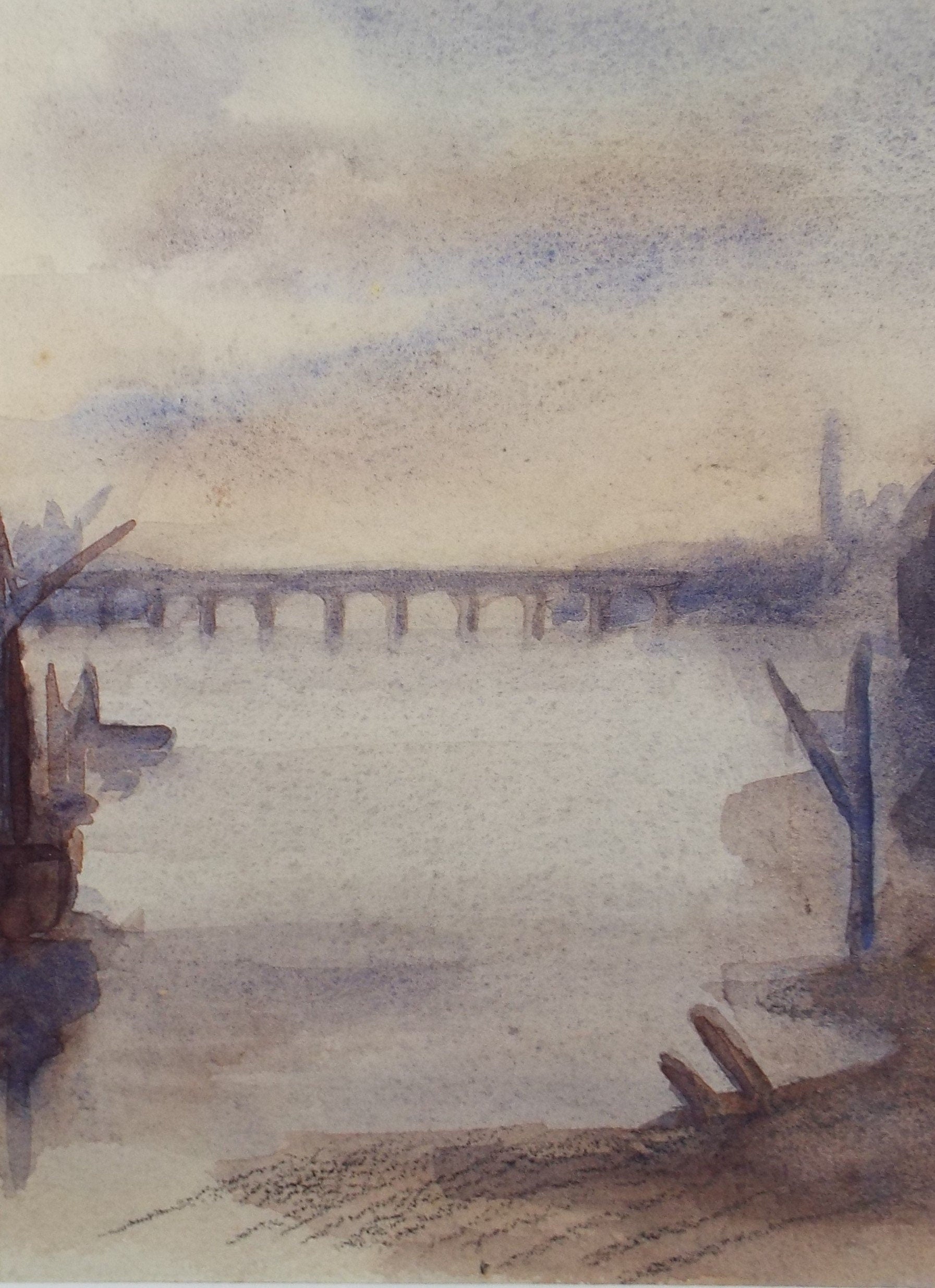 Original Watercolour on Paper,'Bridge Across the River' , unknown artist, circa 1930's