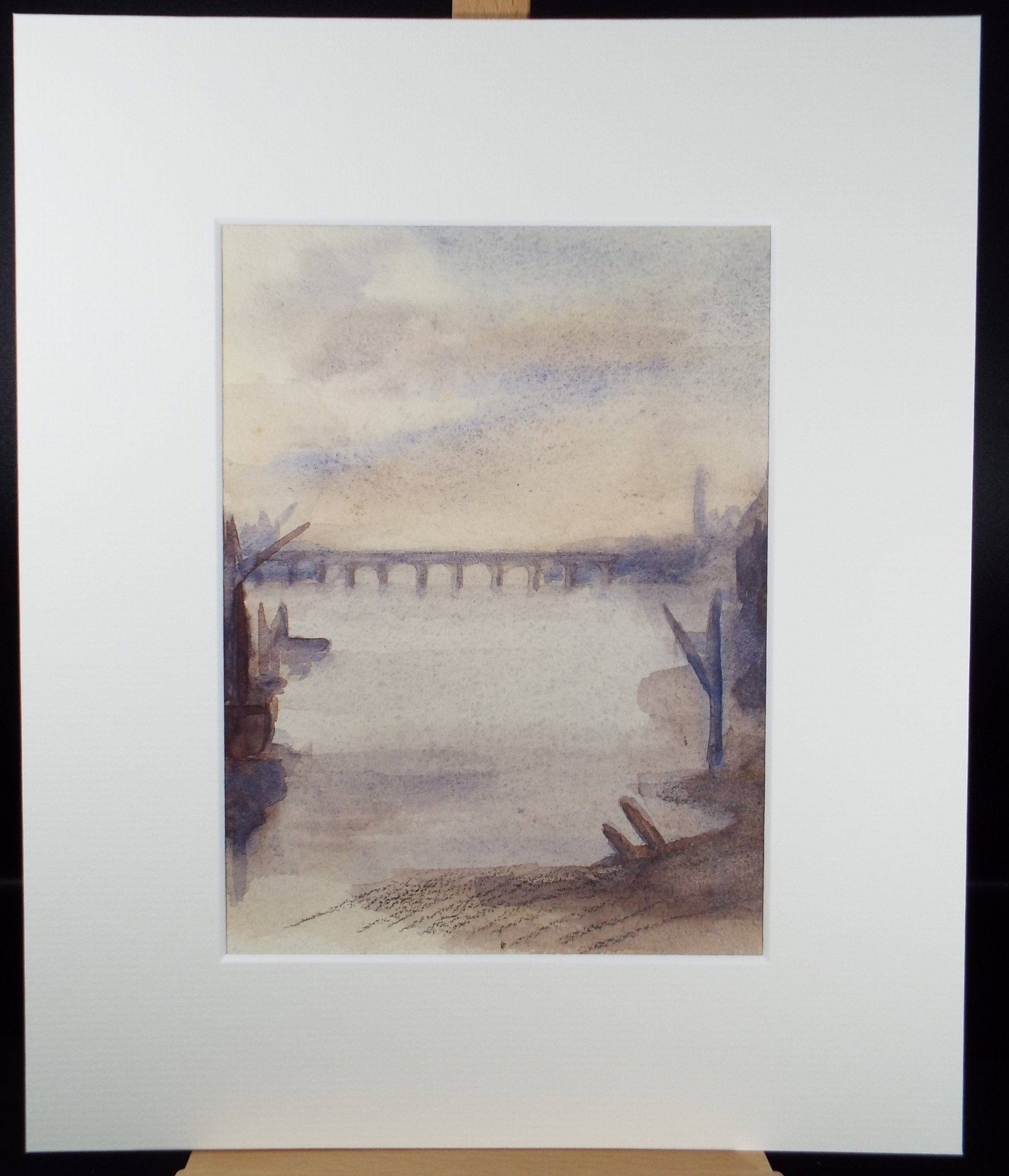 Original Watercolour on Paper,'Bridge Across the River' , unknown artist, circa 1930's