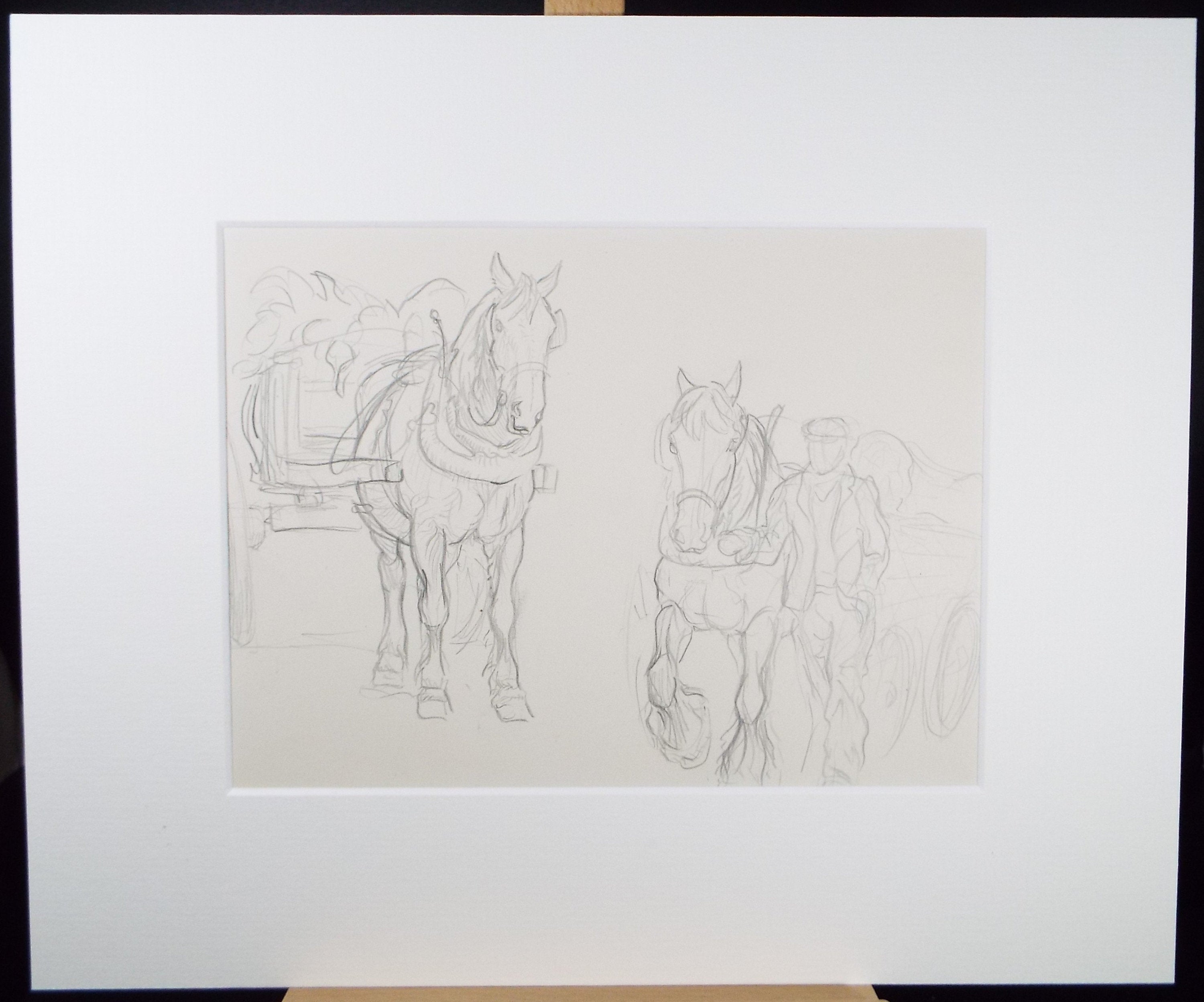 Original Pencil Sketch,'Study of Heavy horses', Helen Collins (1921-1990), circa 1938/9
