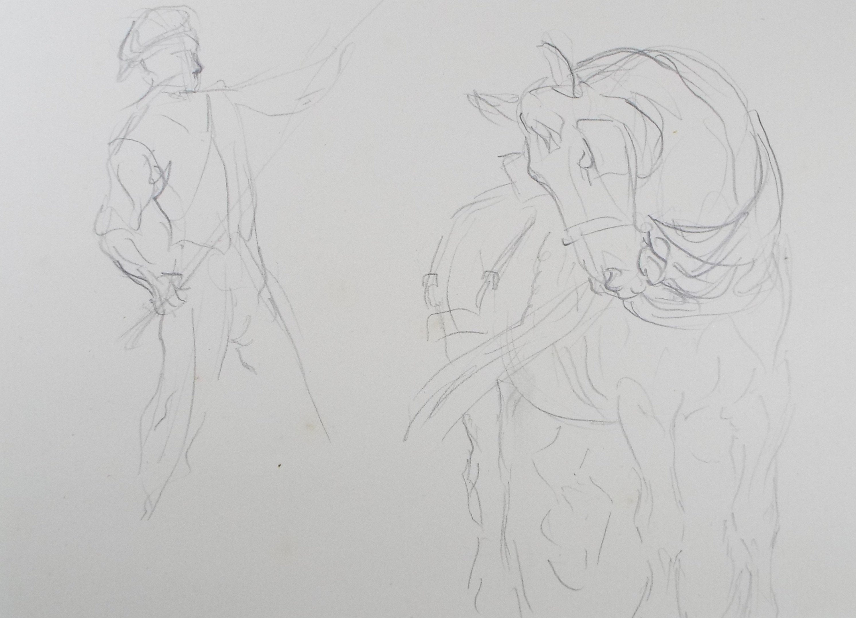 Original Pencil Sketch,'Farm Worker & heavy horse', Helen Collins (1921-1990), circa 1938/9