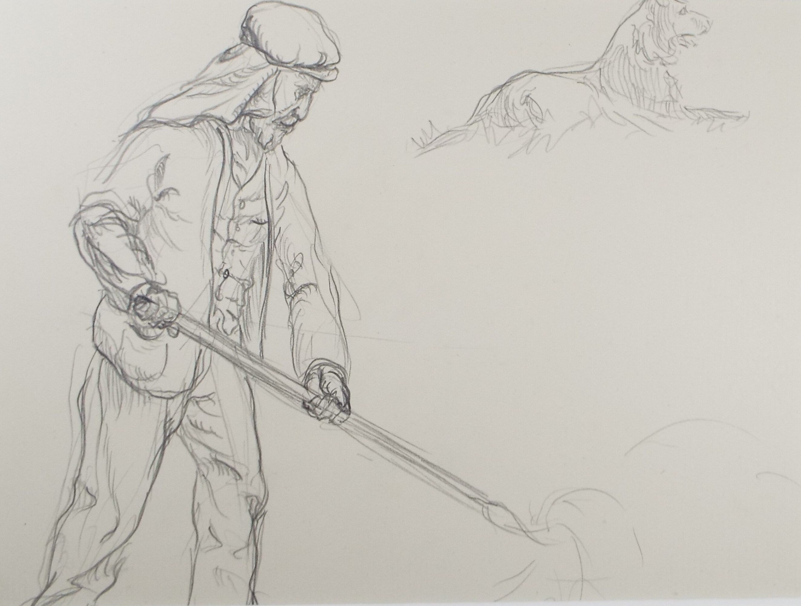 Original Pencil Sketch,'Farm worker with Dog', Helen Collins (1921-1990), circa 1938/9