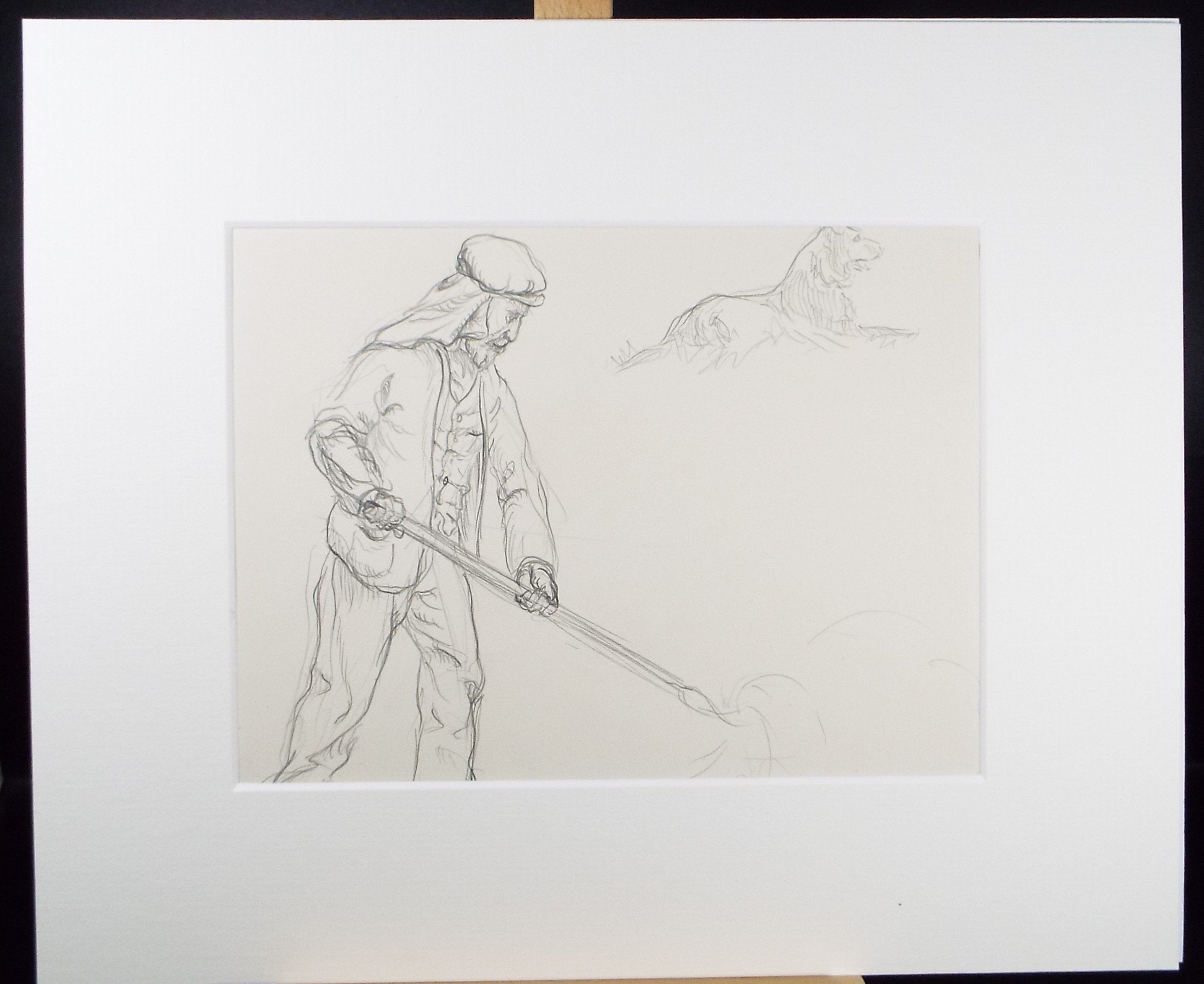 Original Pencil Sketch,'Farm worker with Dog', Helen Collins (1921-1990), circa 1938/9