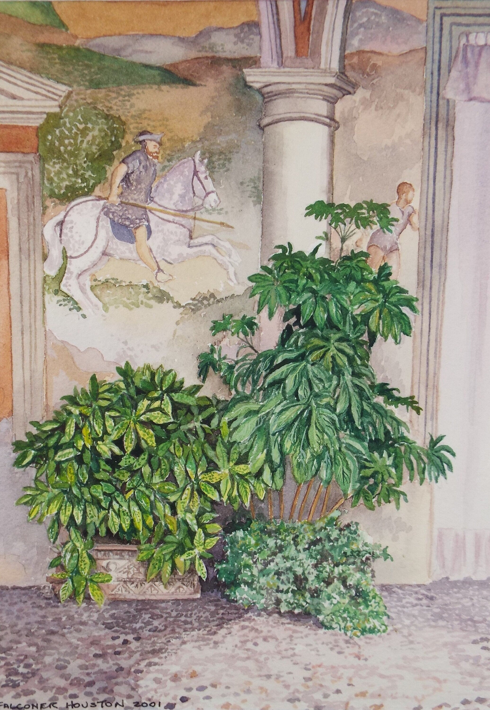 Original Watercolour, 'Courtyard Fresco', Falconer Houston, dated 2001