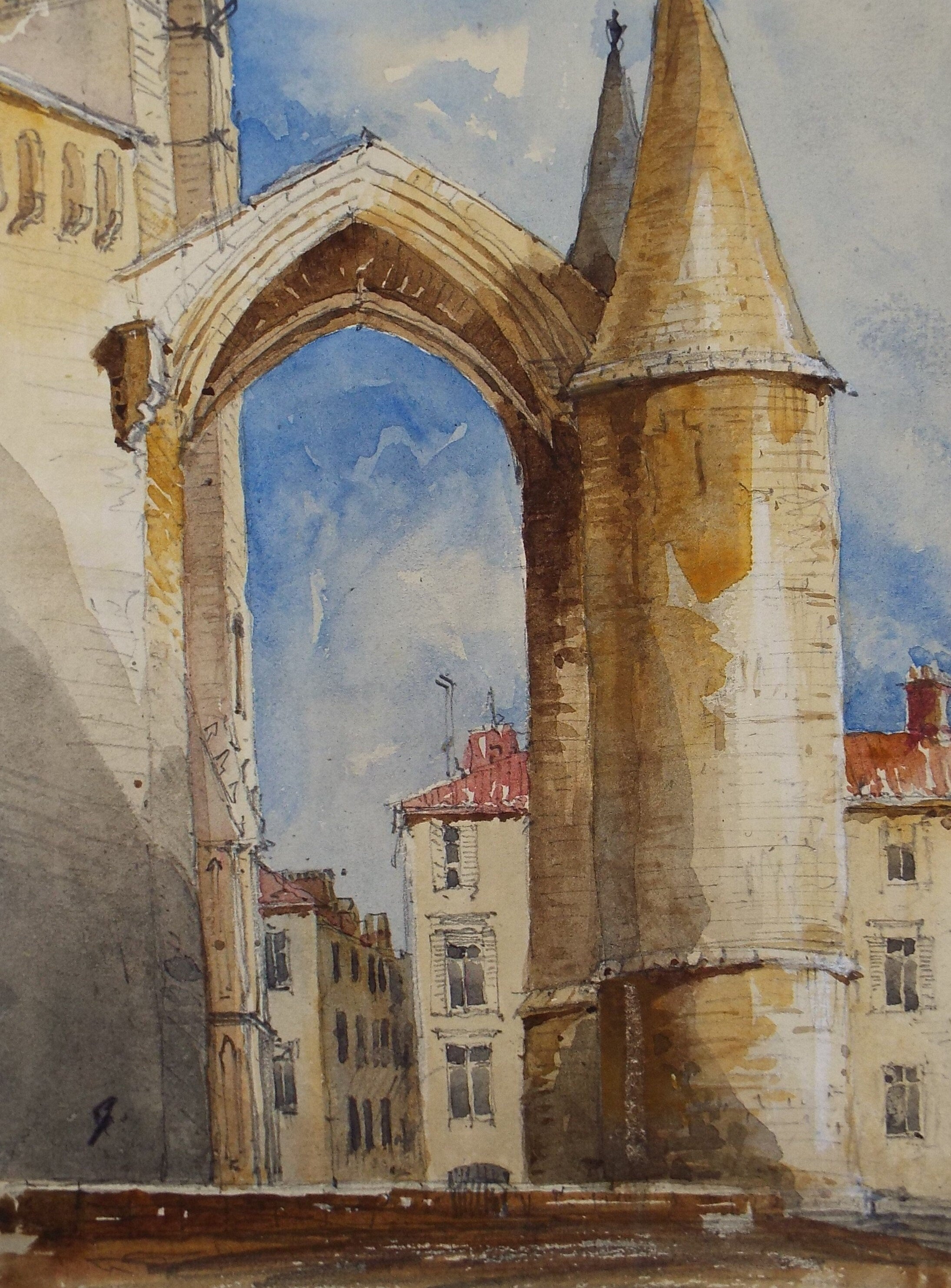 Original Watercolour, 'Cathedral with street beyond', artist unknown, Circa 1930's