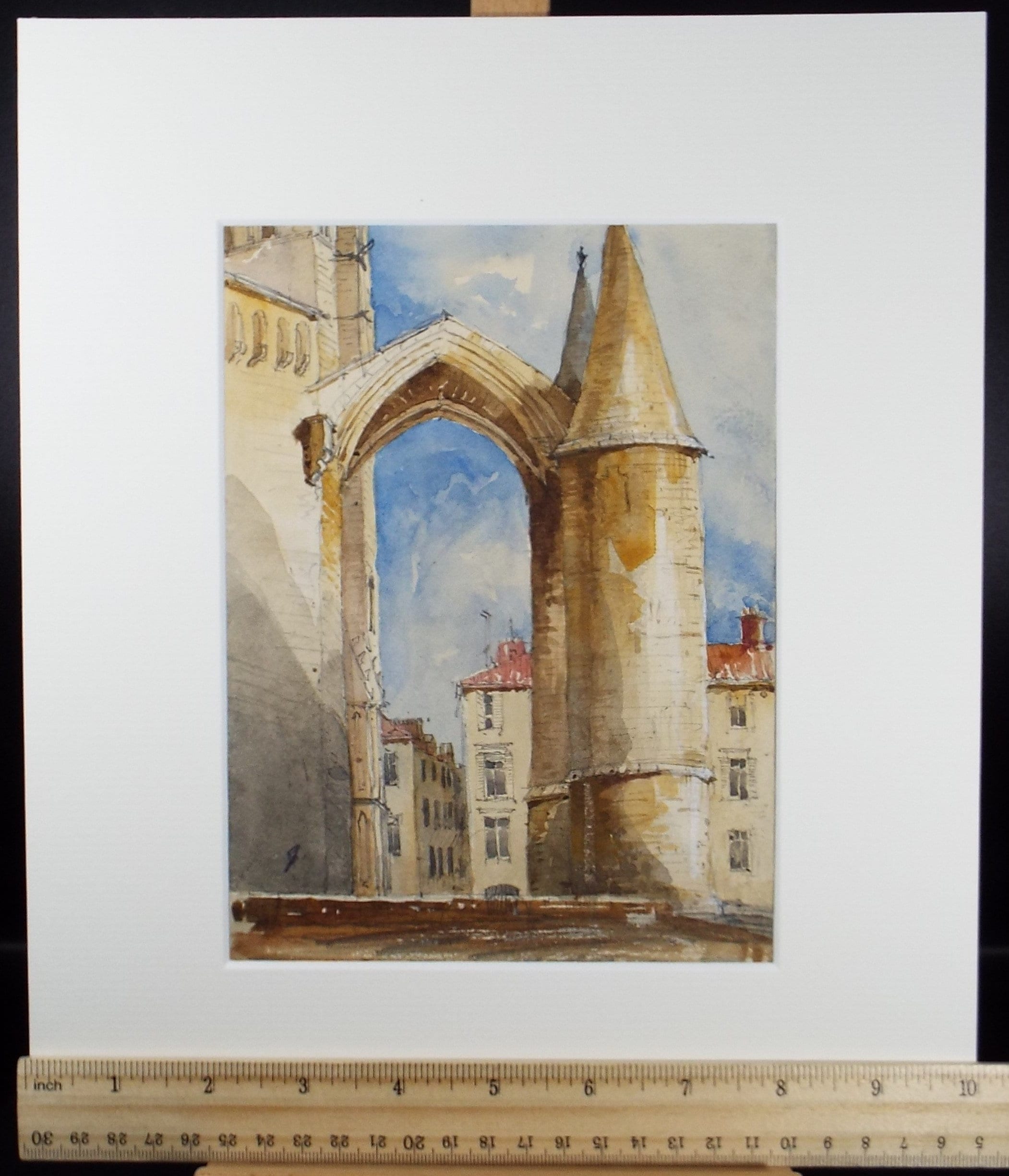 Original Watercolour, 'Cathedral with street beyond', artist unknown, Circa 1930's